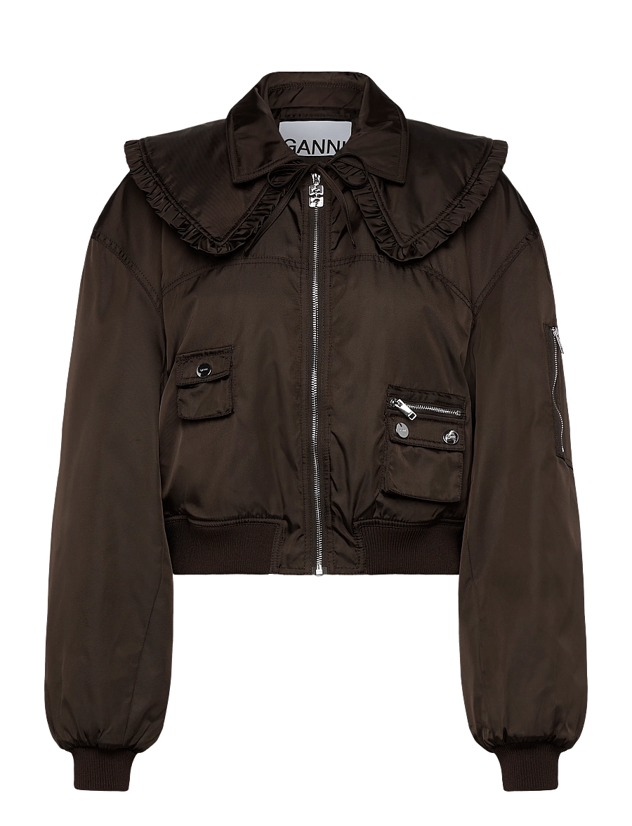 Ganni - Demitasse Duchesse Nylon Bomber Jacke - bomberjakker - brown - 0