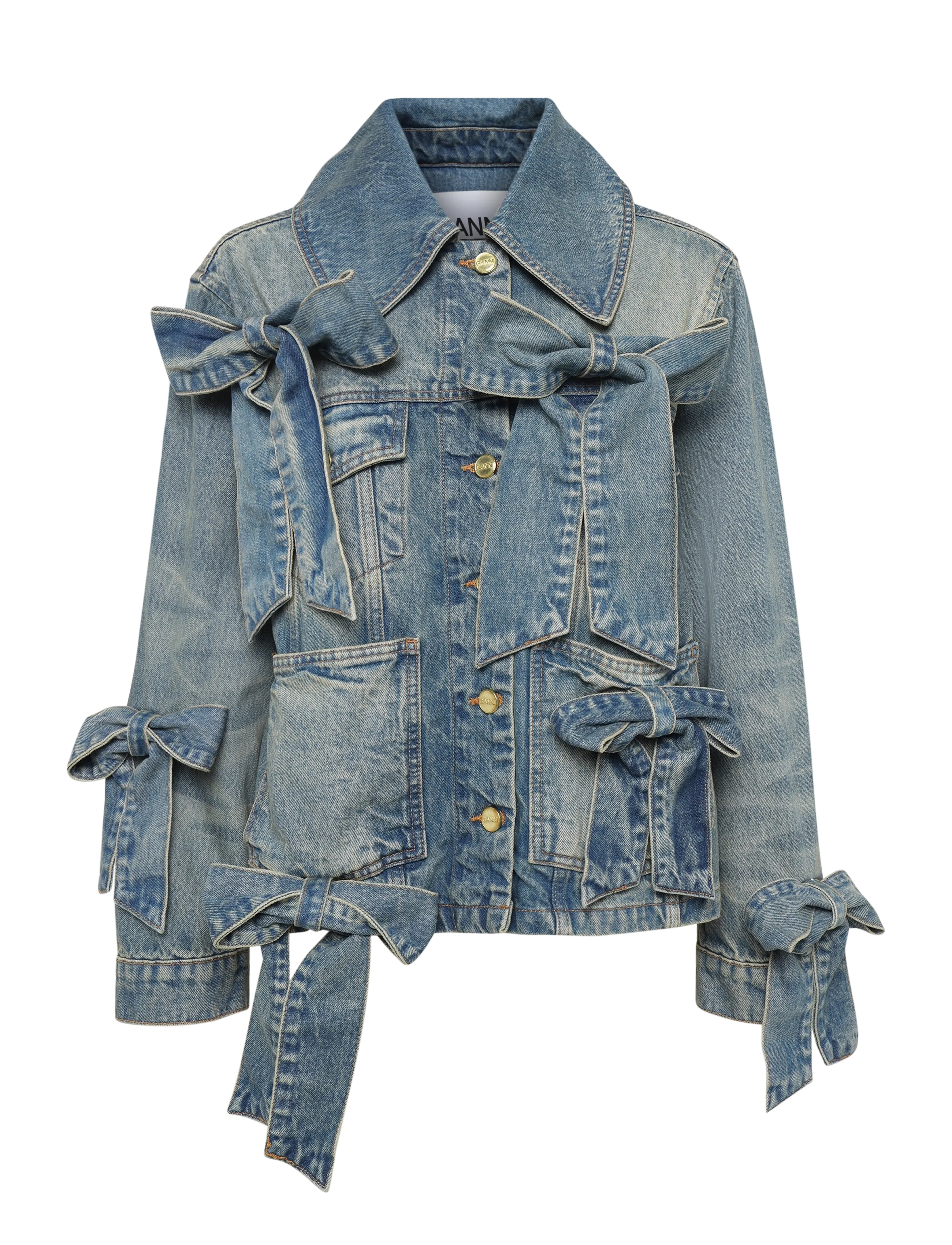 GANNI Ganni Tint Rigid Denim Bow Jacke Blau - 38 - Damen
