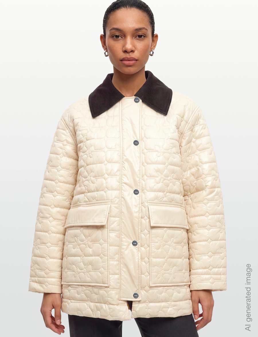 Ganni - Shiny Quilt Midi Jacket - Žieminės striukės - beige - 3