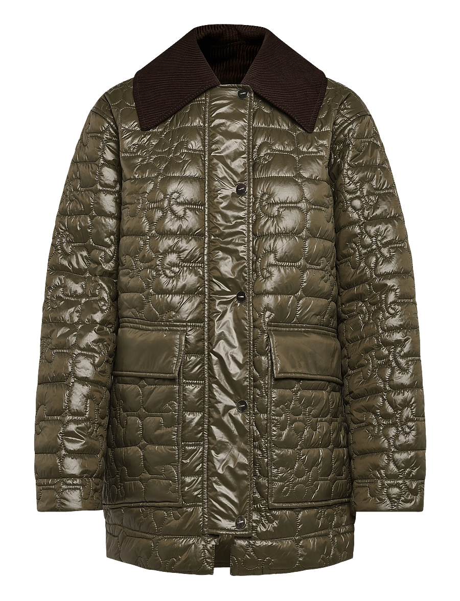 Ganni - Shiny Quilt Midi Jacket - frühlingsjacken - green - 0