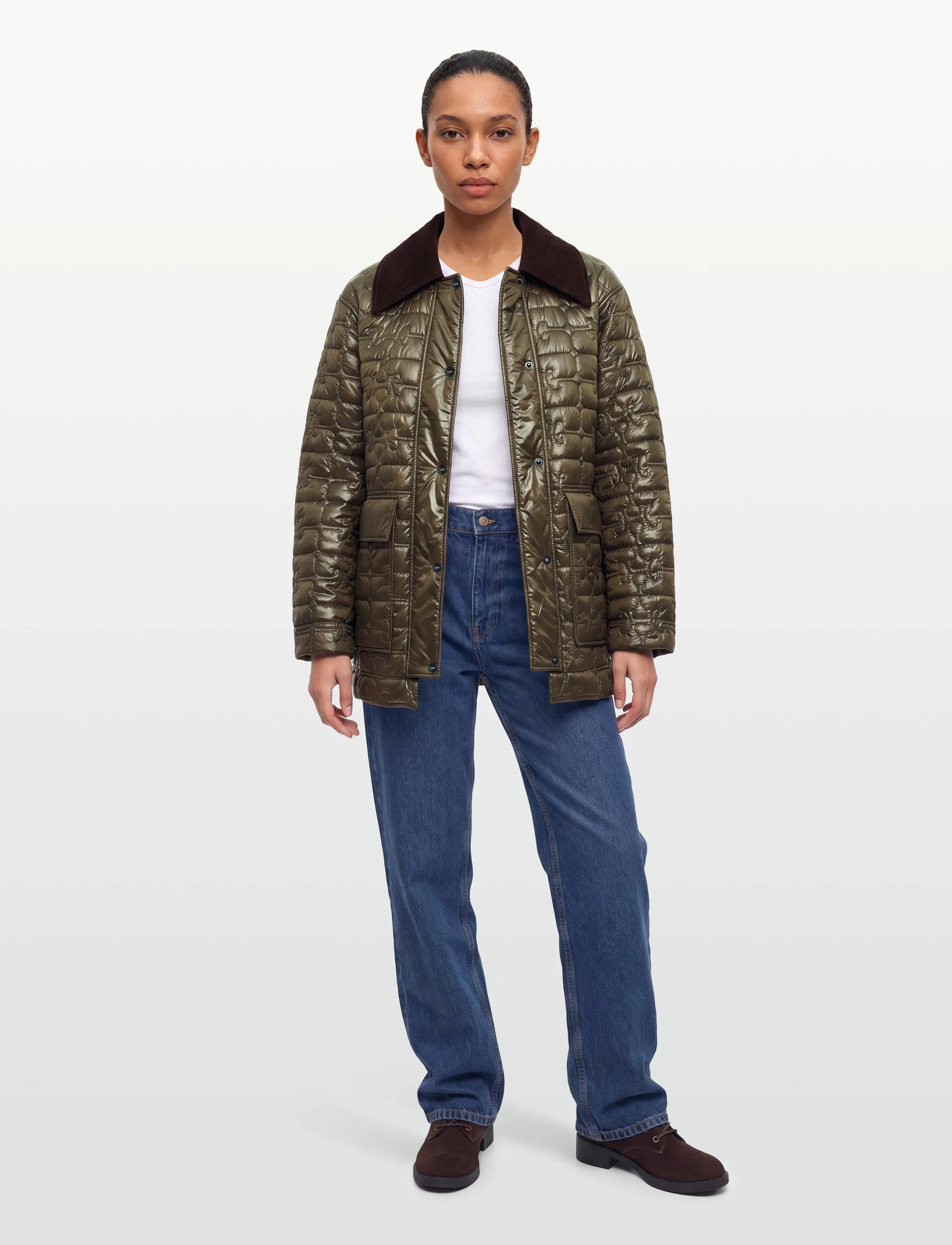 Ganni Shiny Quilt Midi Jacket, Kvinder, Glinsende Quiltet Midi Jakke, Grøn, Str: S/M