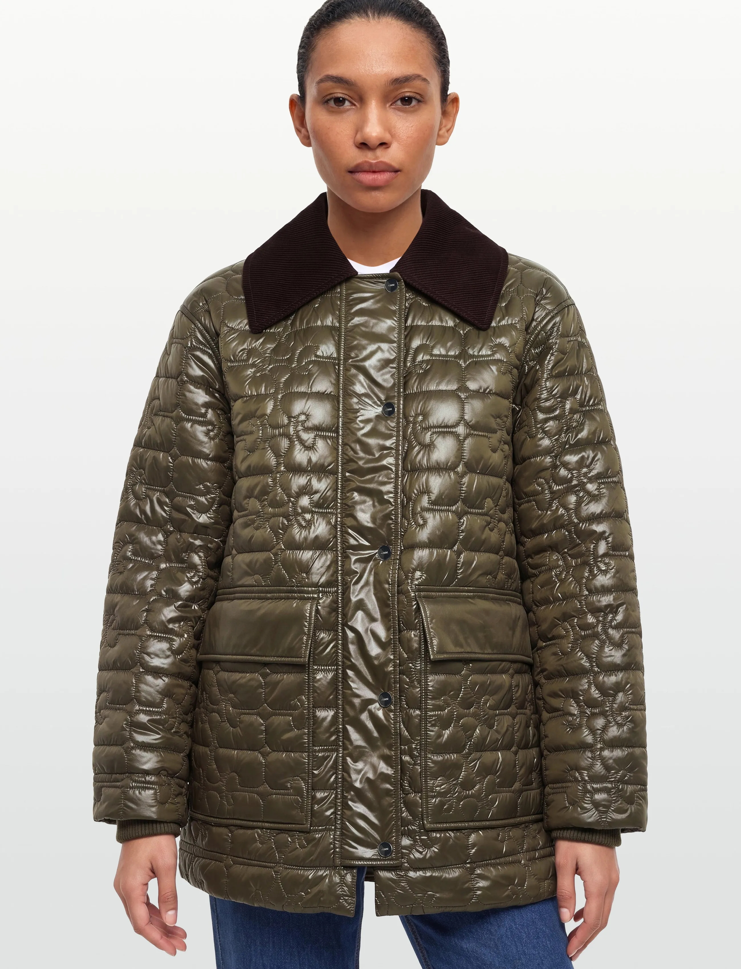 Ganni - Shiny Quilt Midi Jacket - winterjacken - green - 3