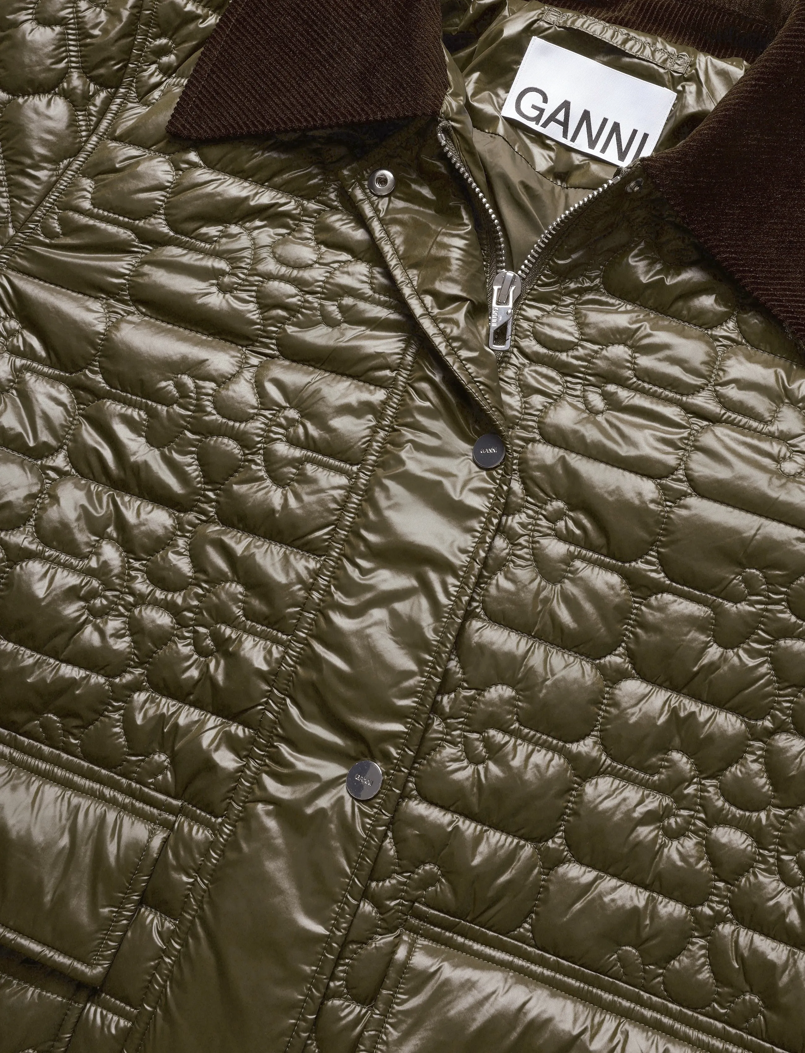 Ganni - Shiny Quilt Midi Jacket - frühlingsjacken - green - 2