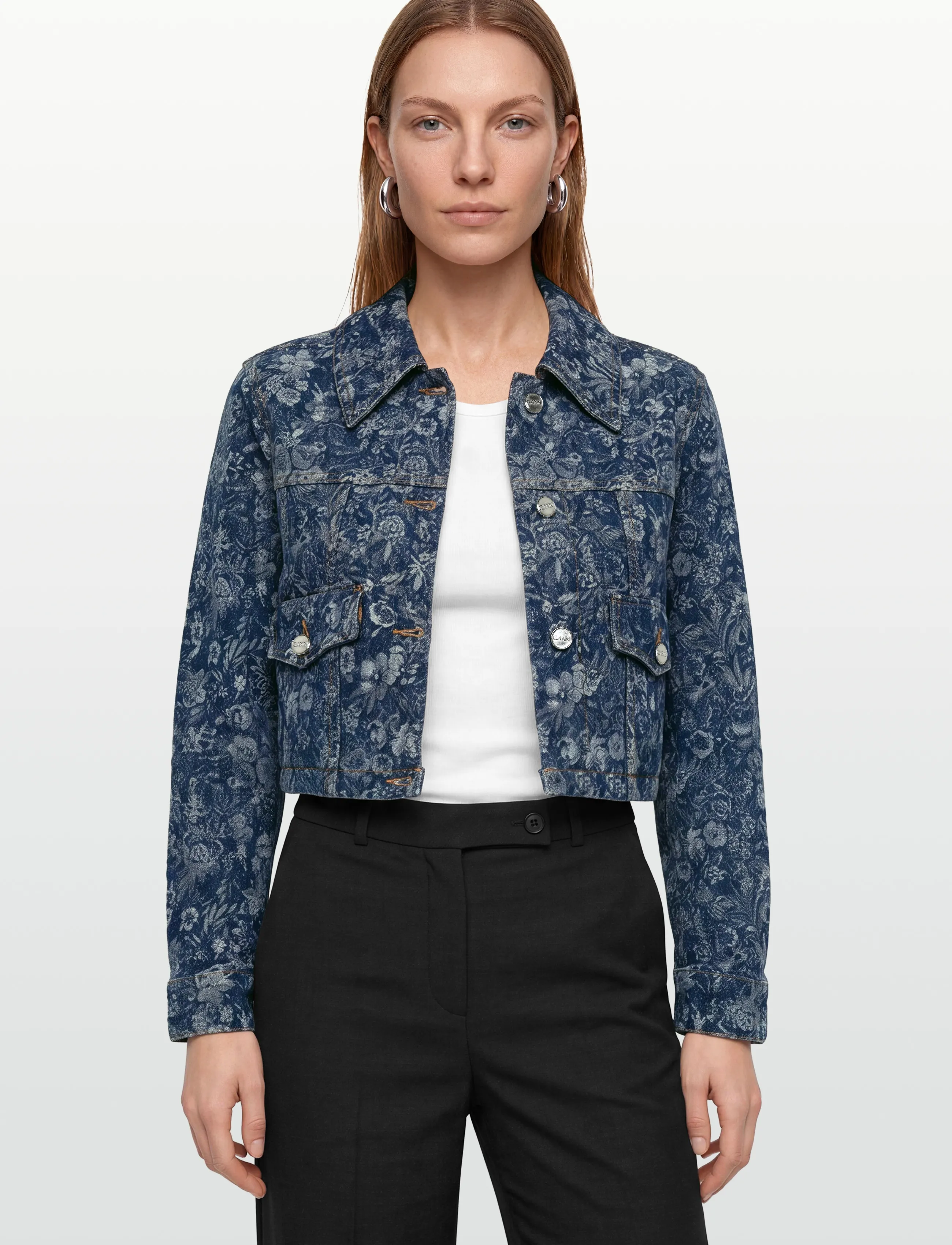 Ganni - Floral Pattern Cropped Denim Jacket - frühlingsjacken - blue - 3