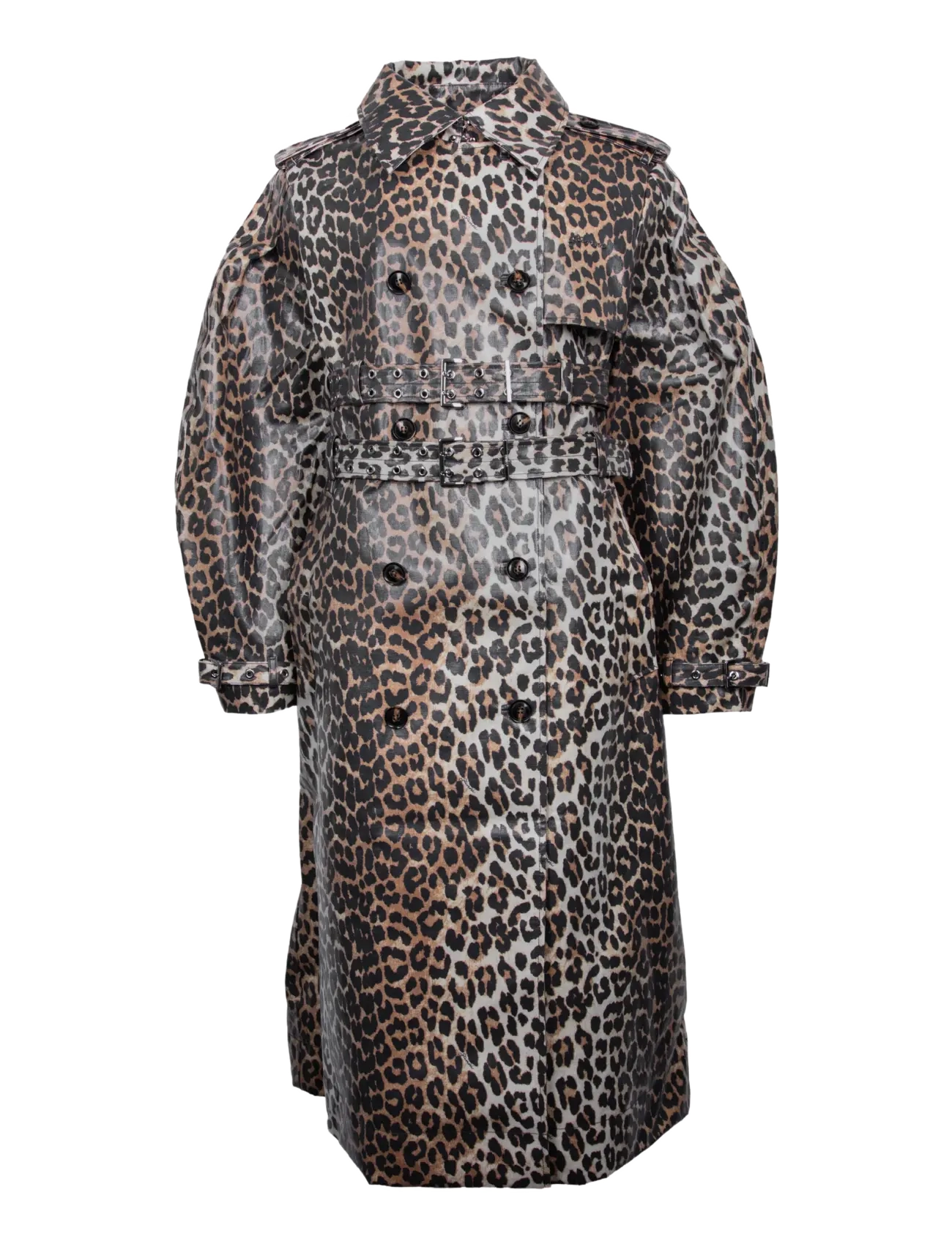 Ganni Leopard Laminated Cotton Trench Coat, 40, Coats, Braun - Frauen