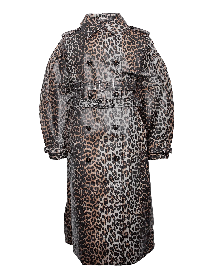 Ganni - Leopard Laminated Cotton Trench Coat - trench coats - multicolored - 0