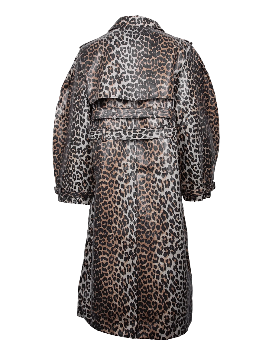 Ganni - Leopard Laminated Cotton Trench Coat - trench coats - multicolored - 1