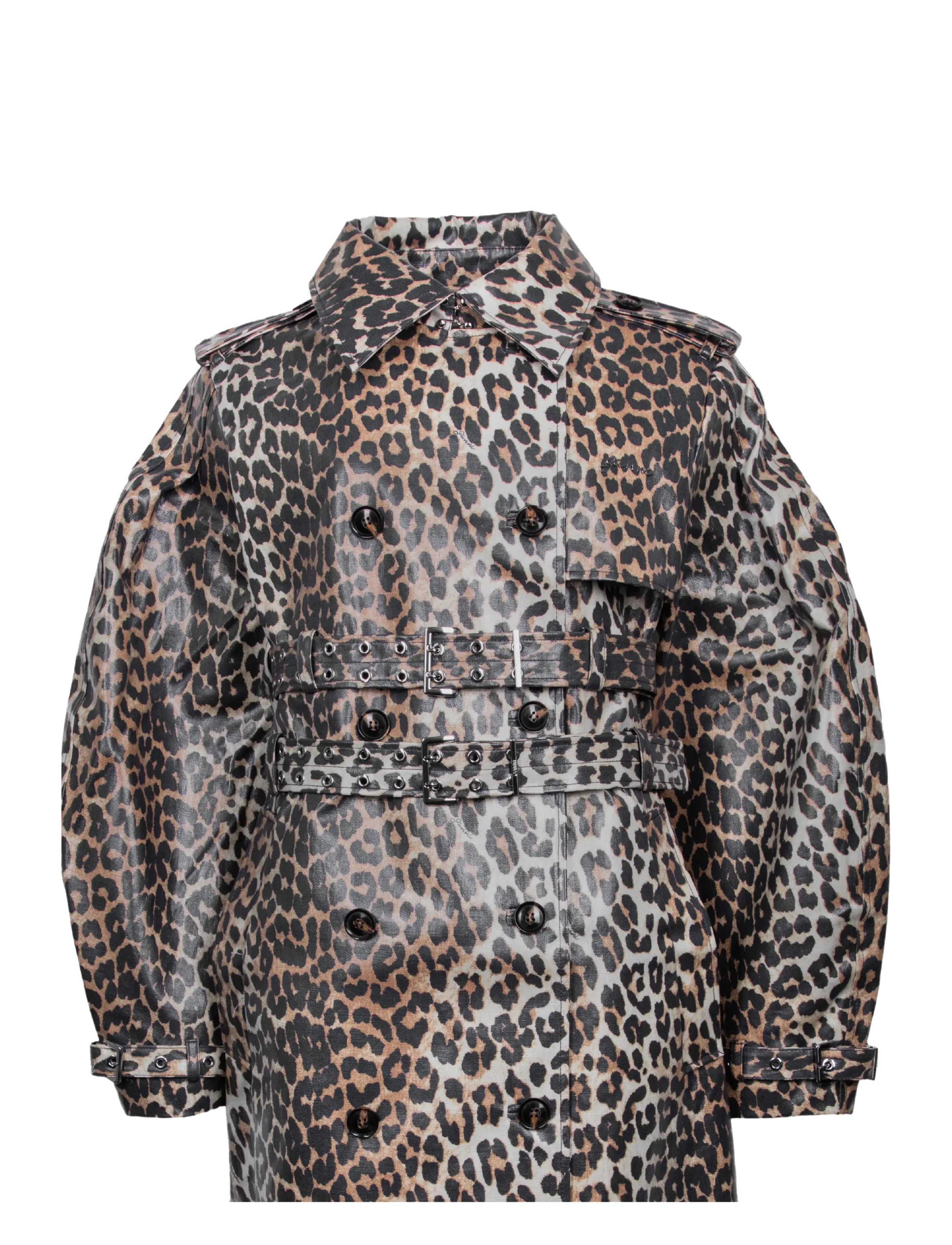 Ganni - Leopard Laminated Cotton Trench Coat - trench coats - multicolored - 2