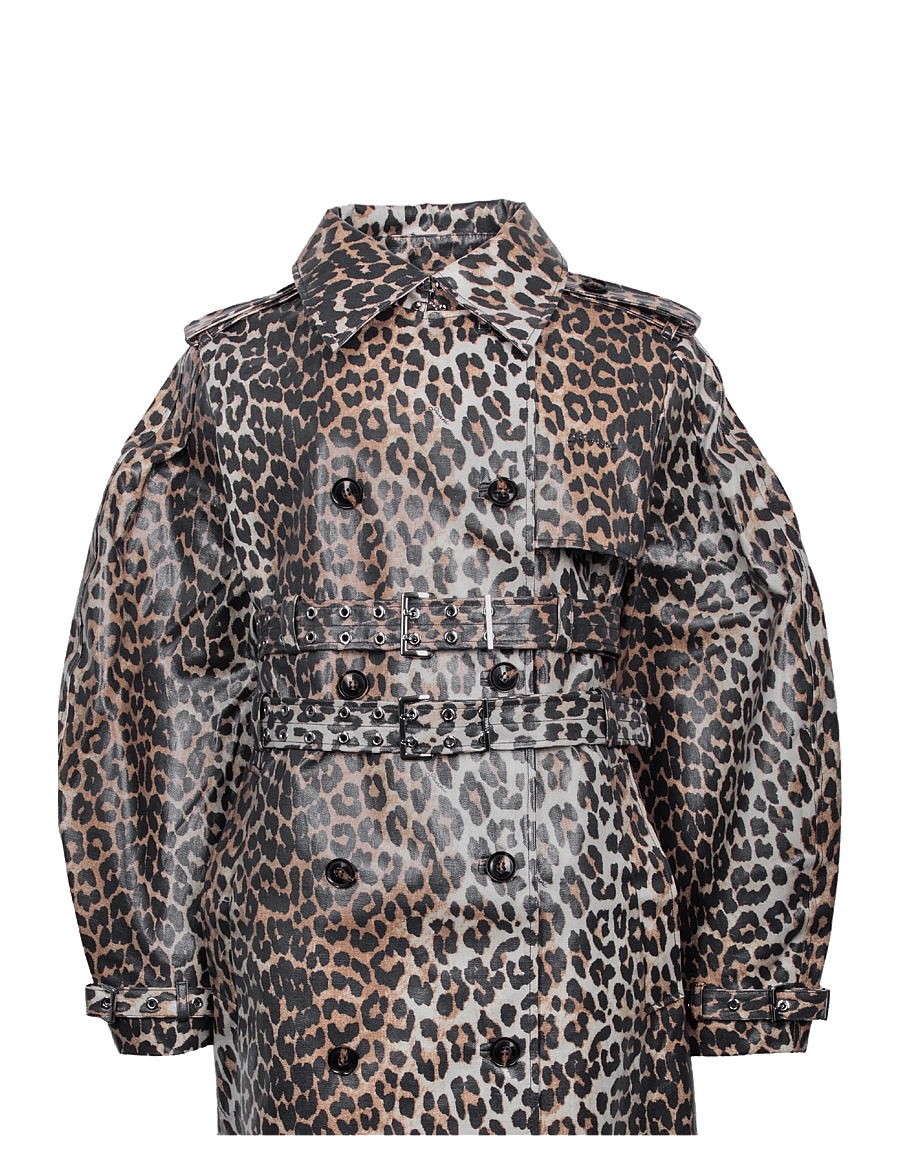 Ganni - Leopard Laminated Cotton Trench Coat - trench coats - multicolored - 2