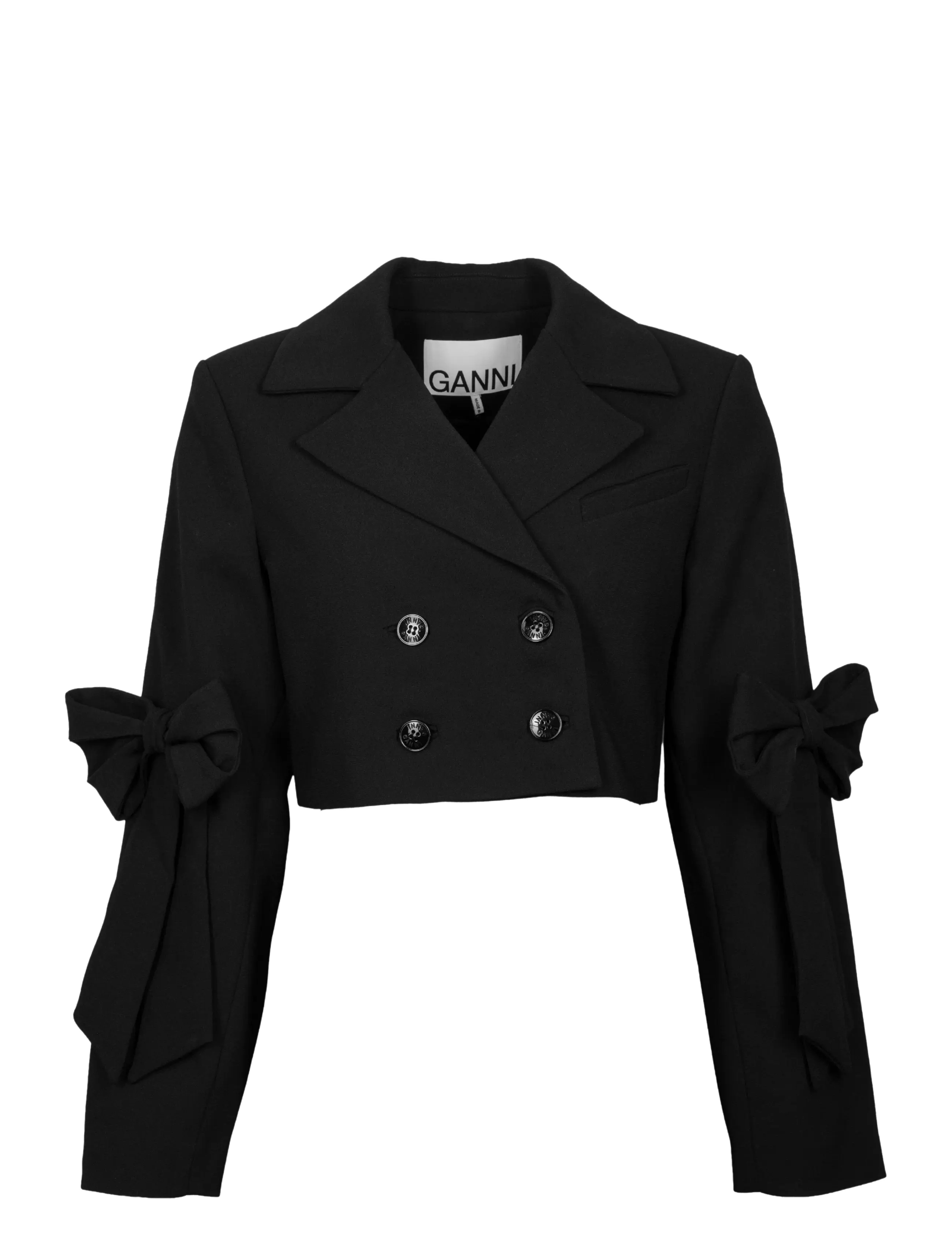 Ganni Bonded Crepe Cropped Blazer, Kvinder, Kort Blazer Med Sløjfer, Sort, Str: 32