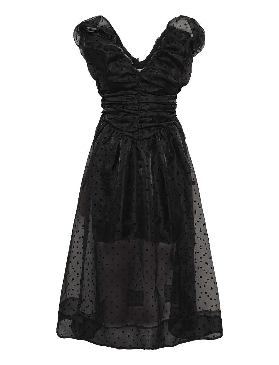 Ganni - Flocked Organza Long Ruched Dress - juhlamekot - black - 1