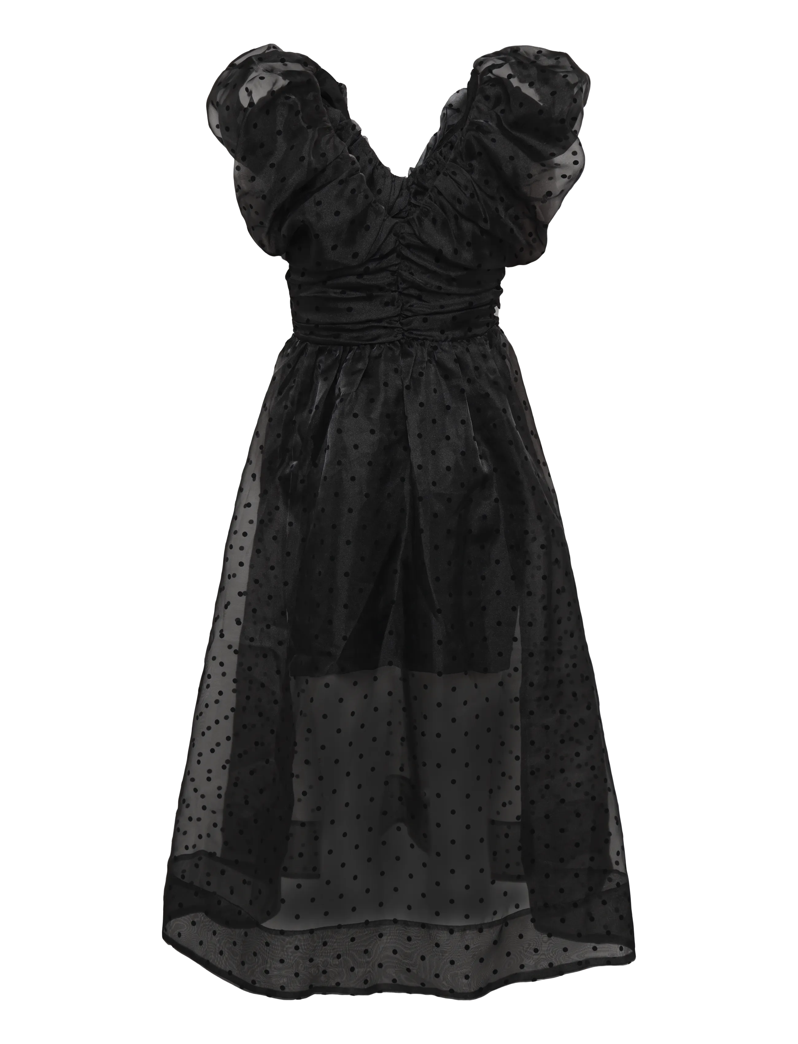 Ganni - Flocked Organza Long Ruched Dress - juhlamekot - black - 2