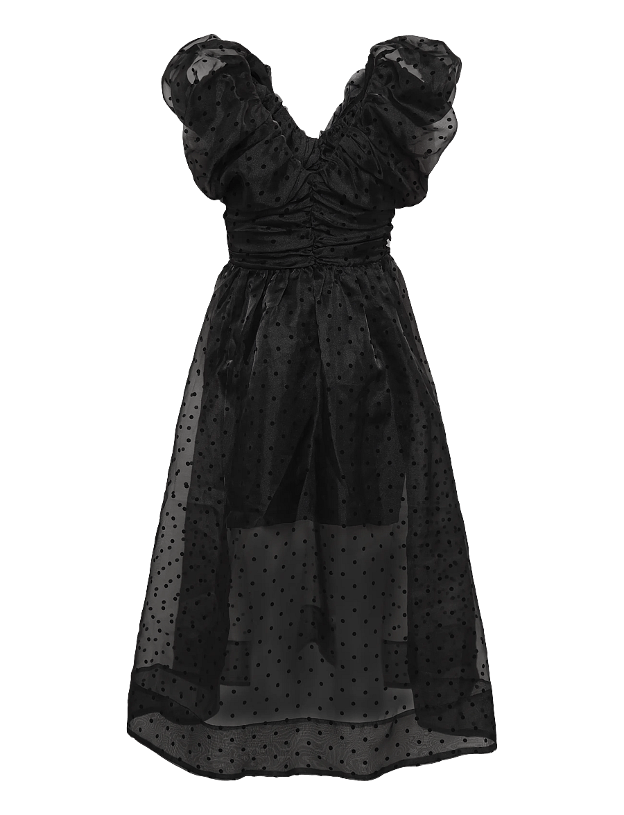 Ganni - Flocked Organza Long Ruched Dress - juhlamekot - black - 2