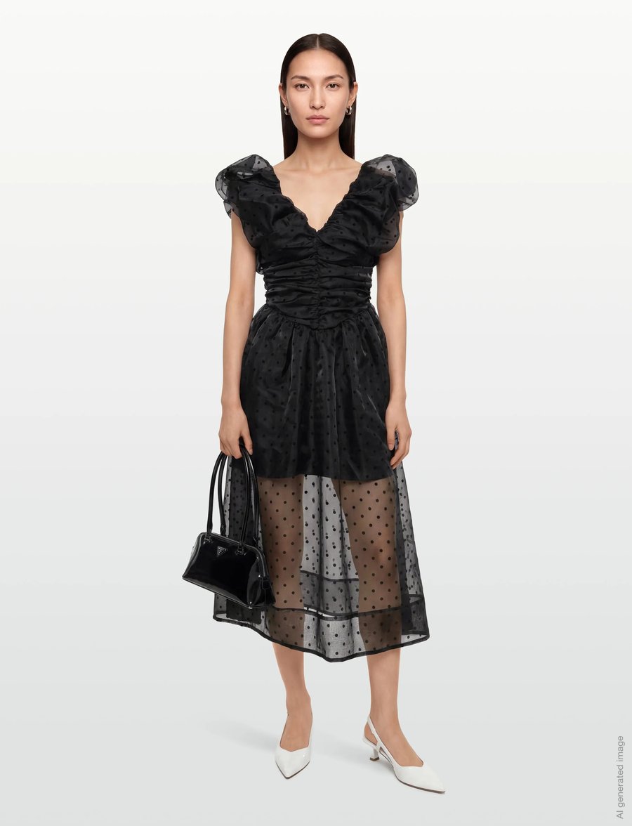 Ganni - Flocked Organza Long Ruched Dress - juhlamekot - black - 0