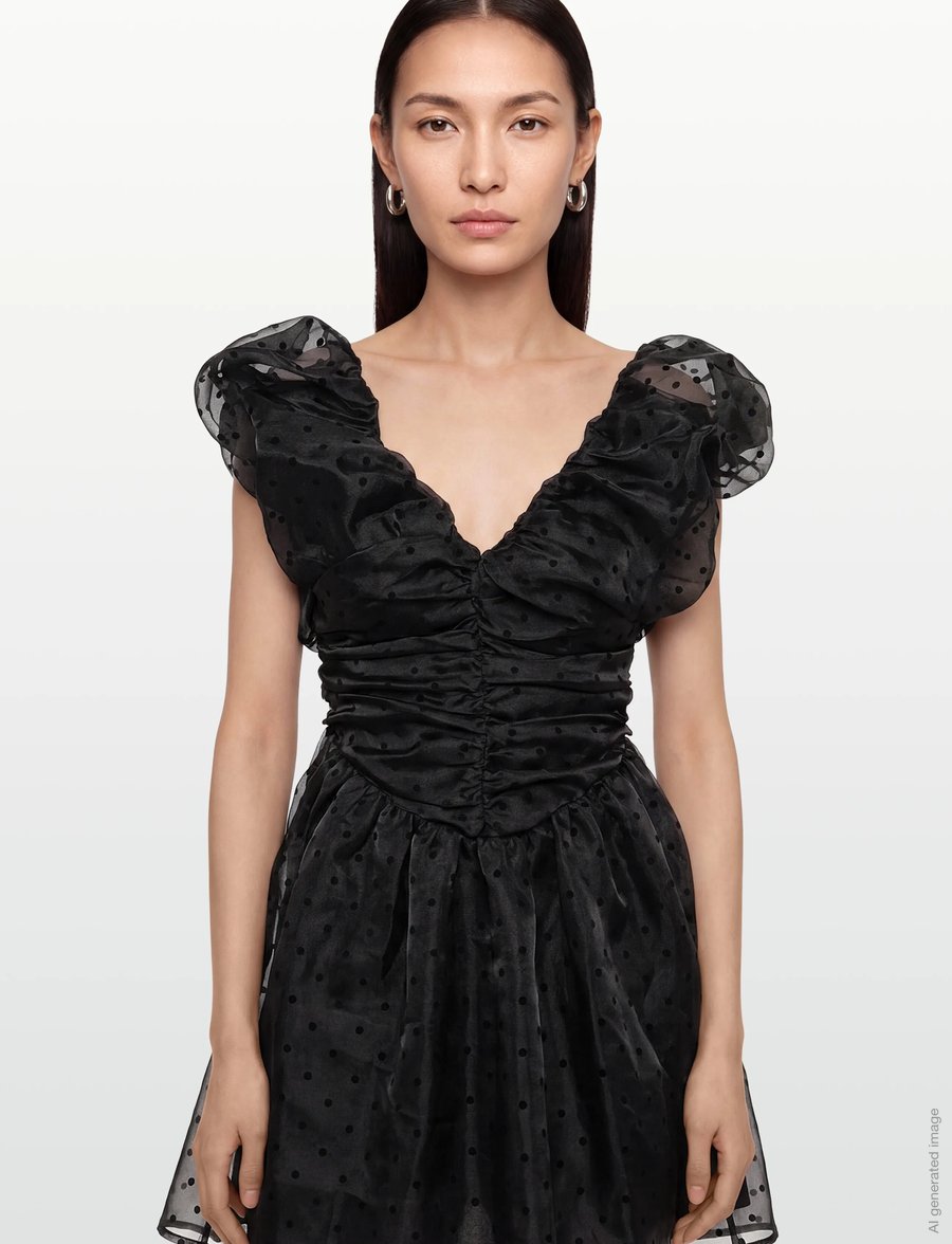 Ganni - Flocked Organza Long Ruched Dress - juhlamekot - black - 3