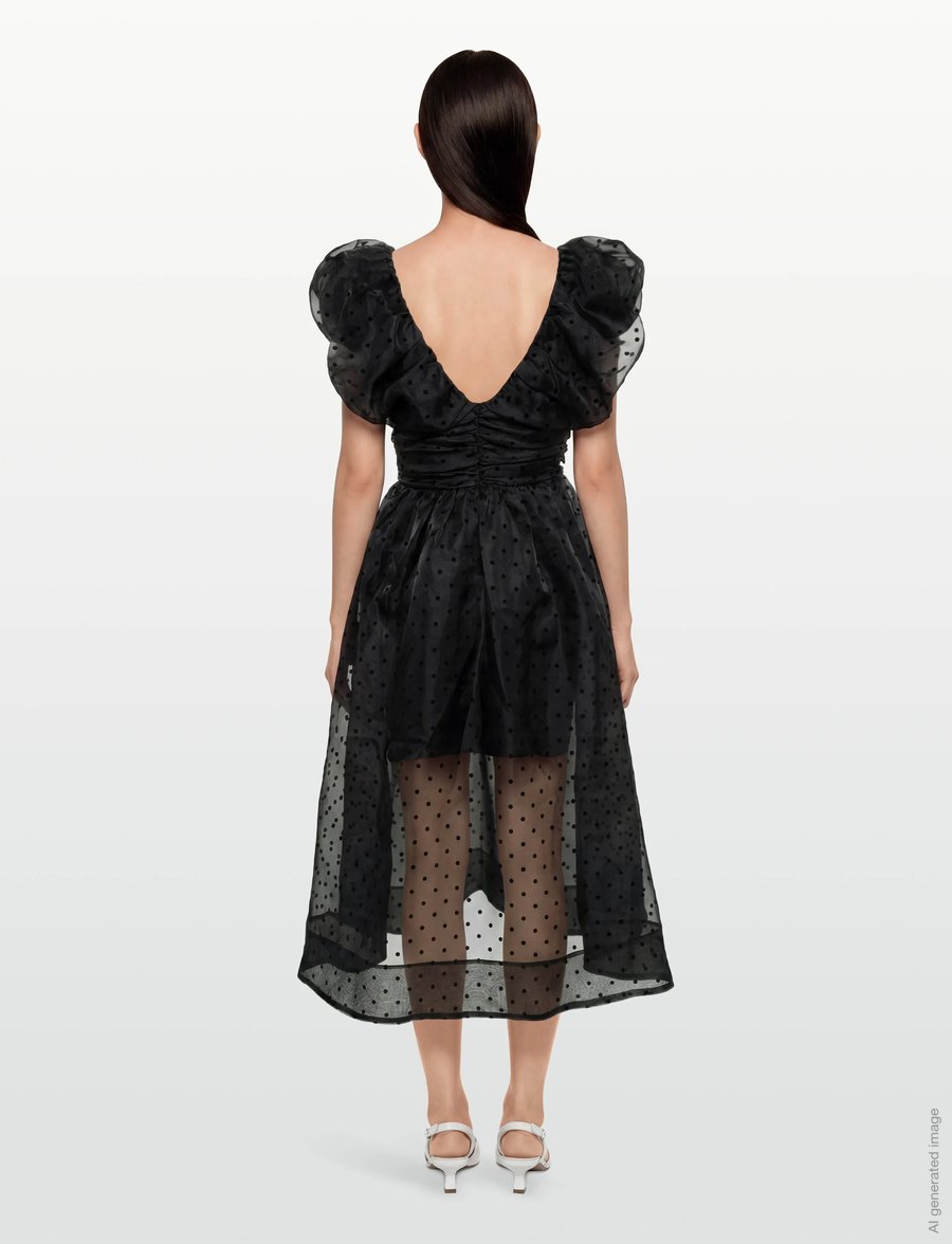 Ganni - Flocked Organza Long Ruched Dress - juhlamekot - black - 4
