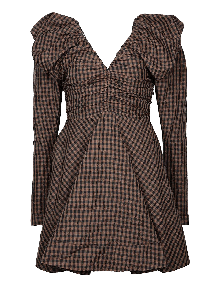 Ganni - V Neck Checked Mini Dress - korta klänningar - brown - 0