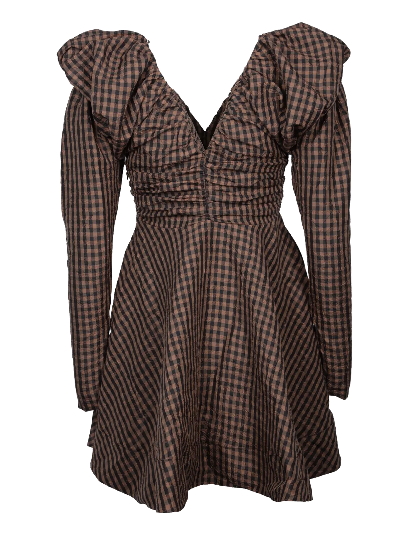 Ganni - V Neck Checked Mini Dress - brown - 1