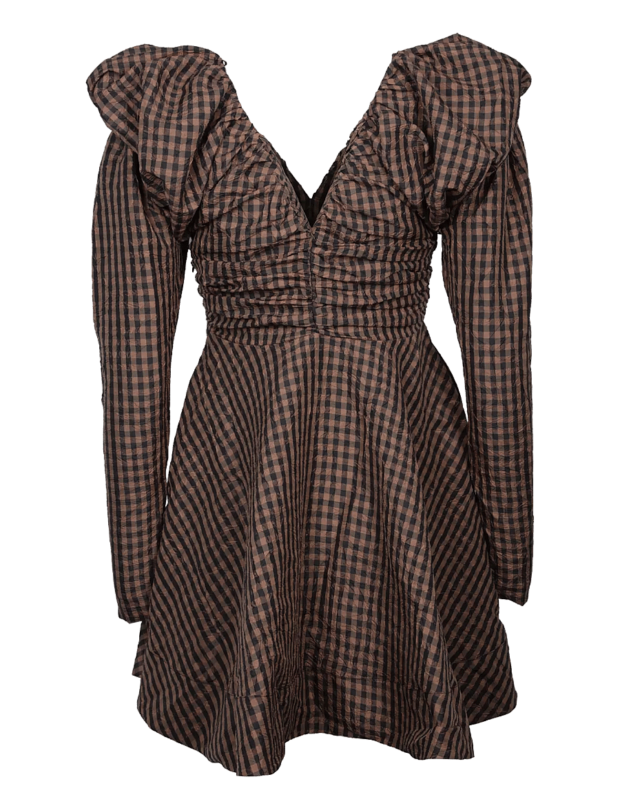 Ganni - V Neck Checked Mini Dress - korta klänningar - brown - 1