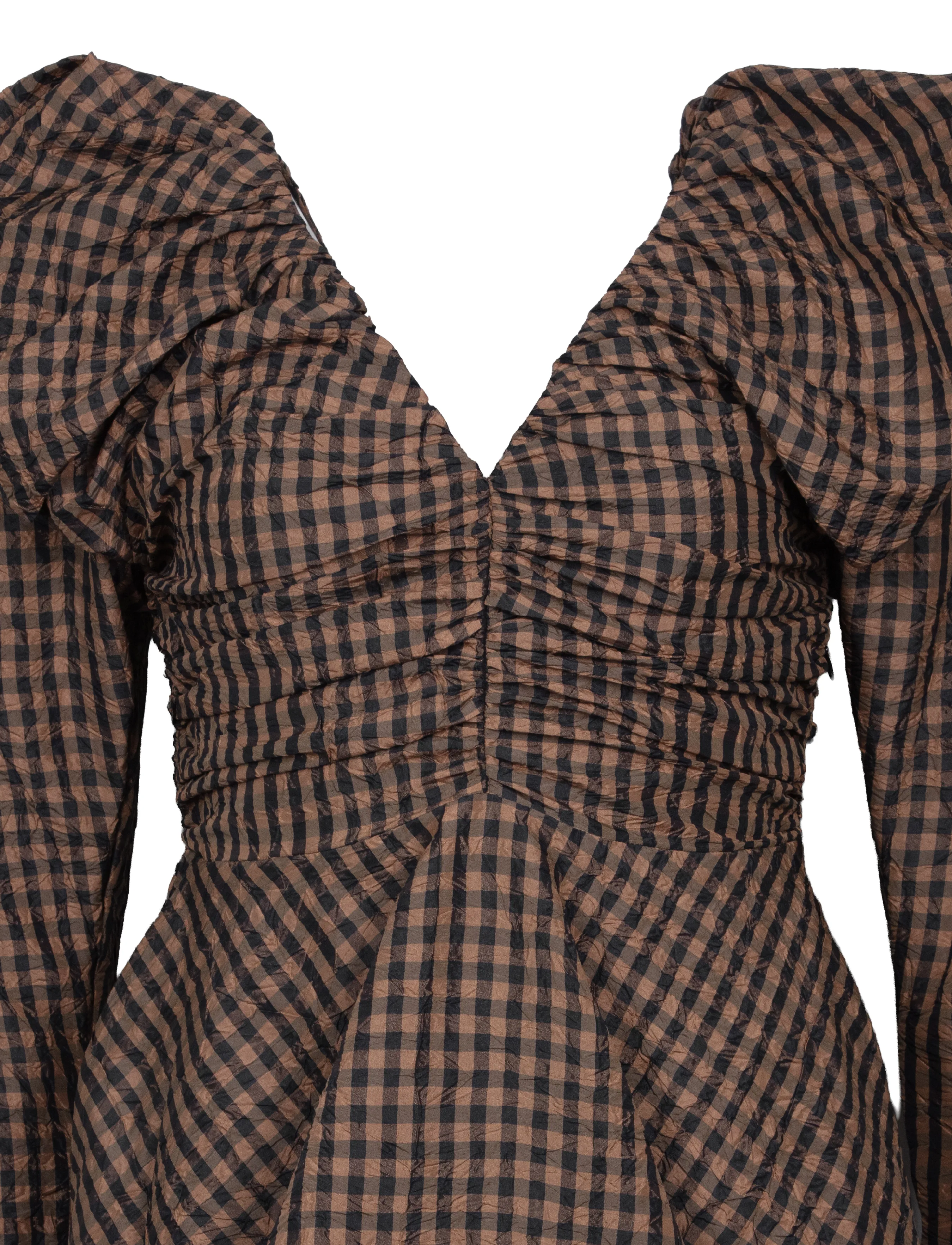Ganni - V Neck Checked Mini Dress - brown - 2