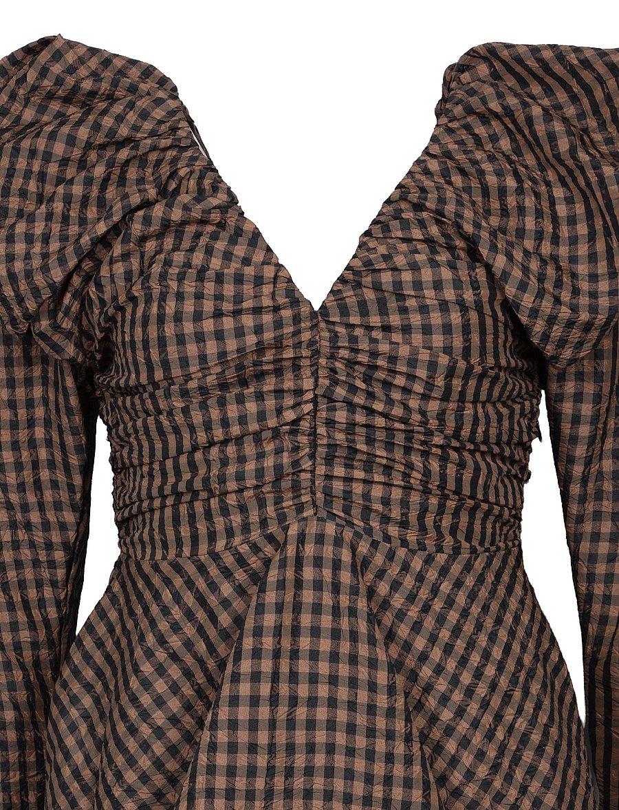 Ganni - V Neck Checked Mini Dress - korta klänningar - brown - 2