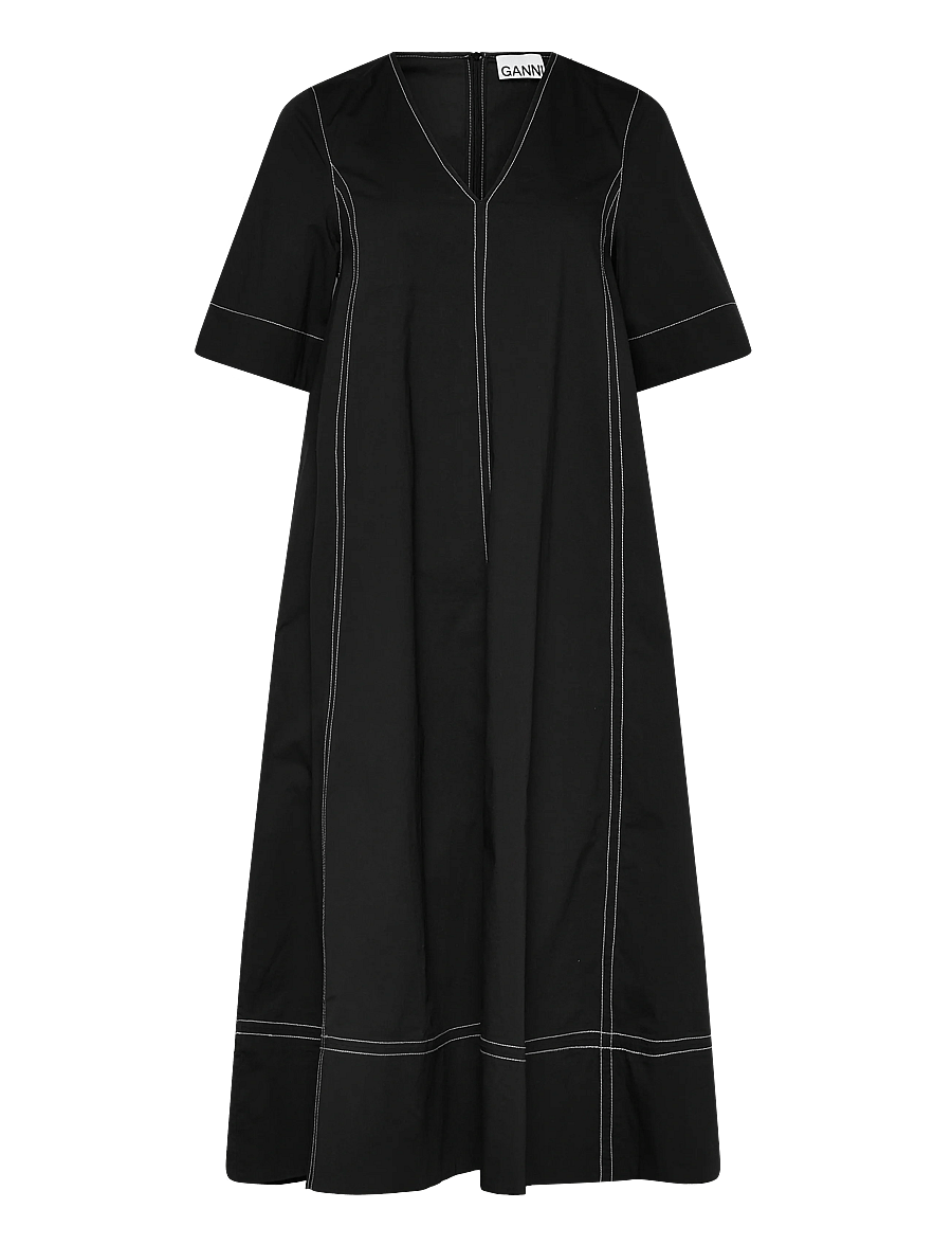 Ganni - Stretch Cotton A-line Long Dress - black - 0