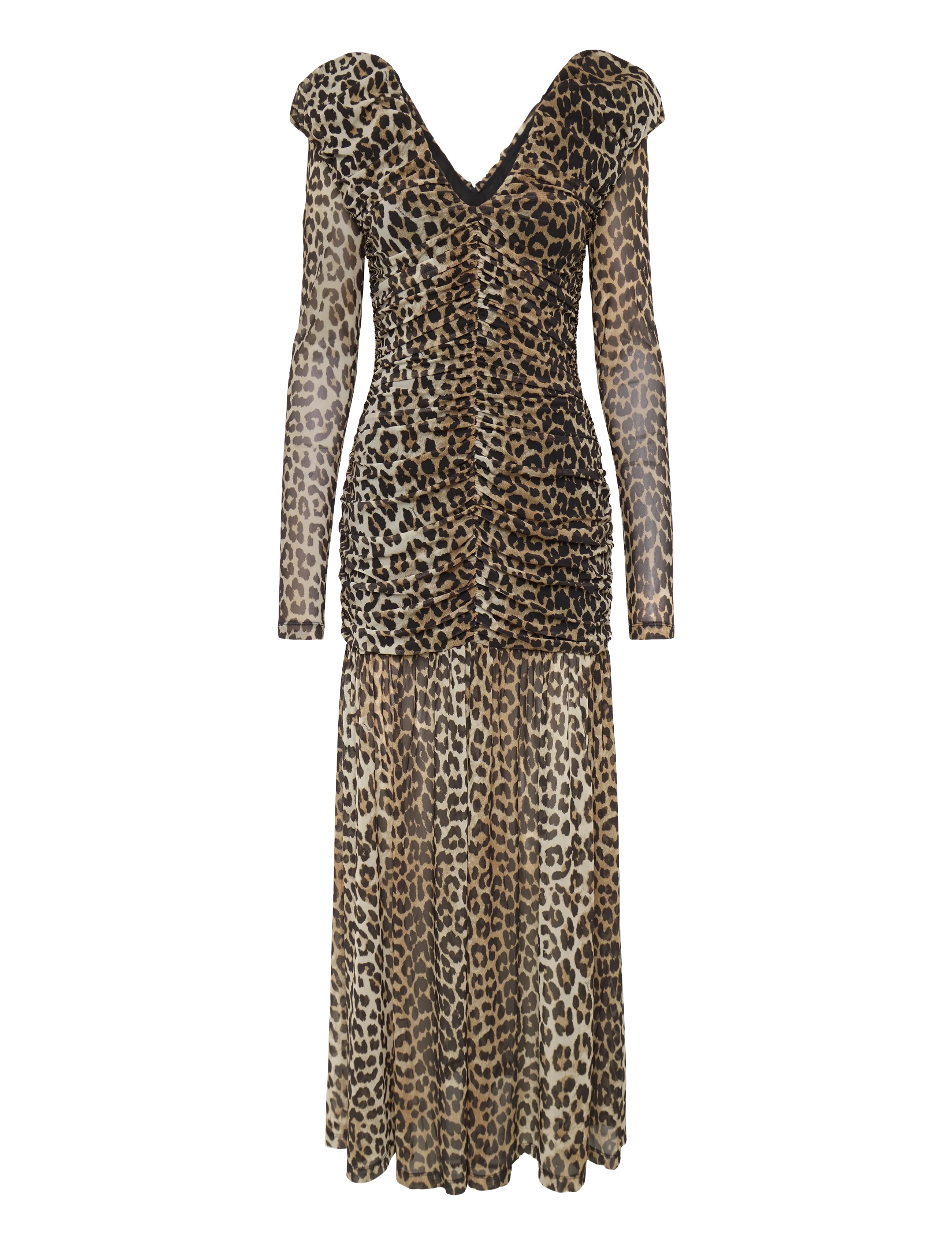 Ganni - Printed Mesh Long Ruched Dress - multicolored - 1