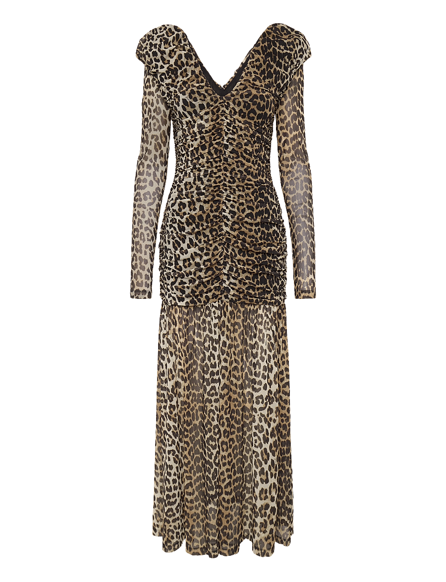 Ganni - Printed Mesh Long Ruched Dress - multicolored - 1