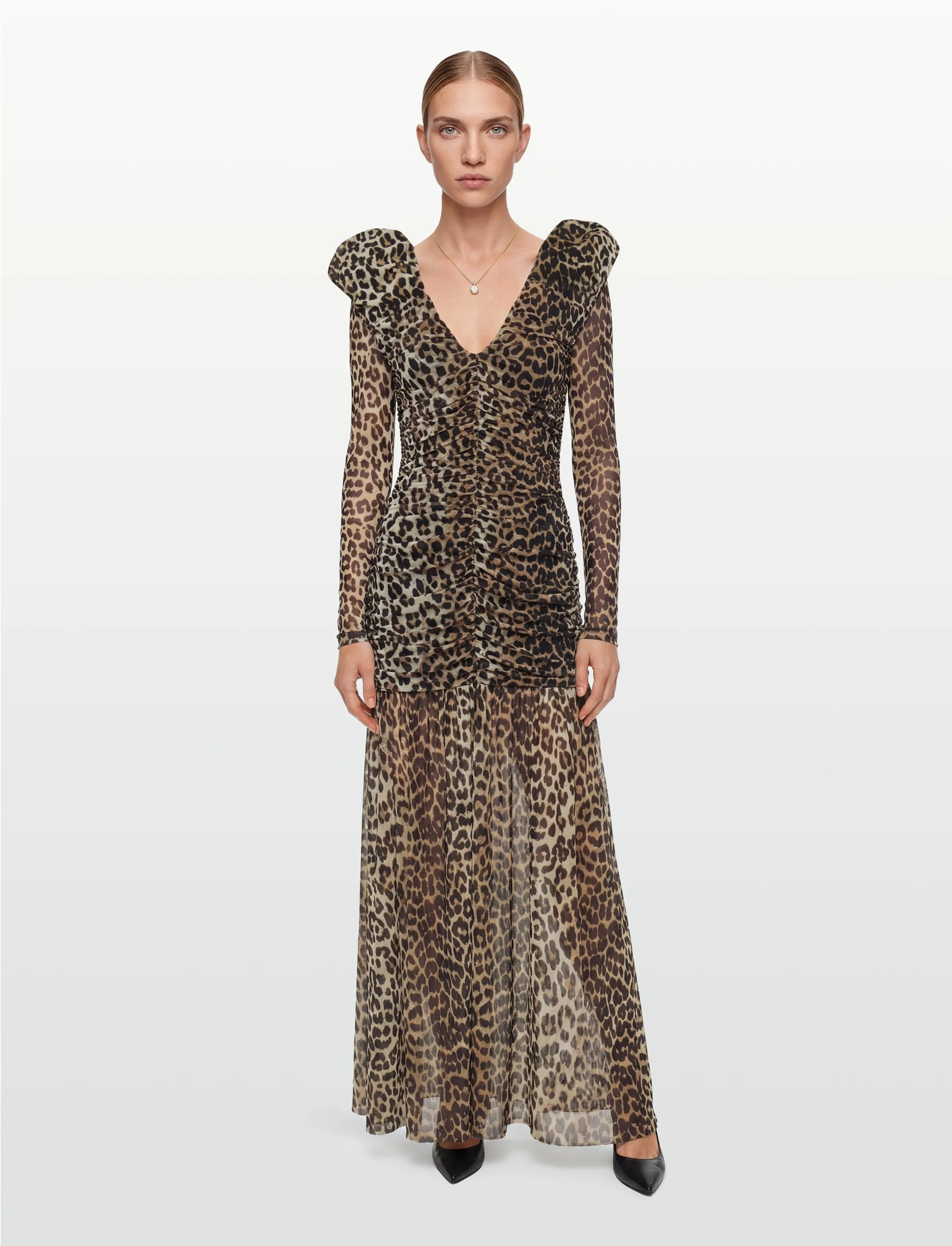 Ganni Printed Mesh Long Ruched Dress - Kleidung - MULTICOLORED / brown