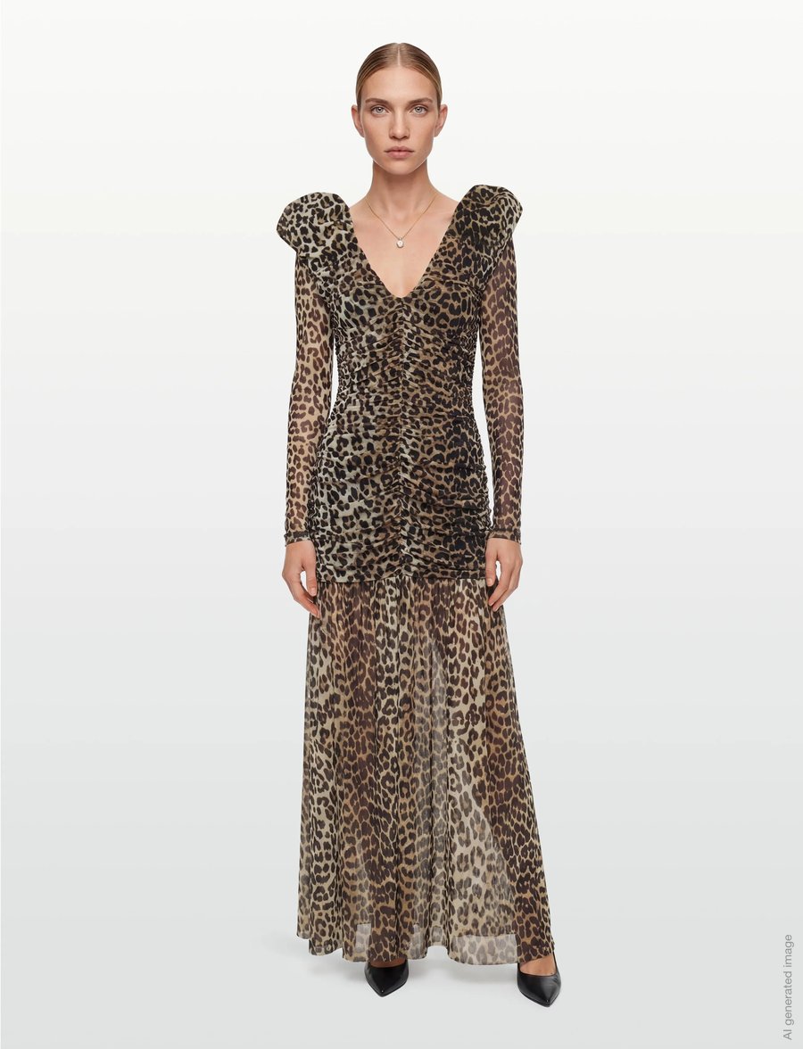 Ganni - Printed Mesh Long Ruched Dress - multicolored - 0