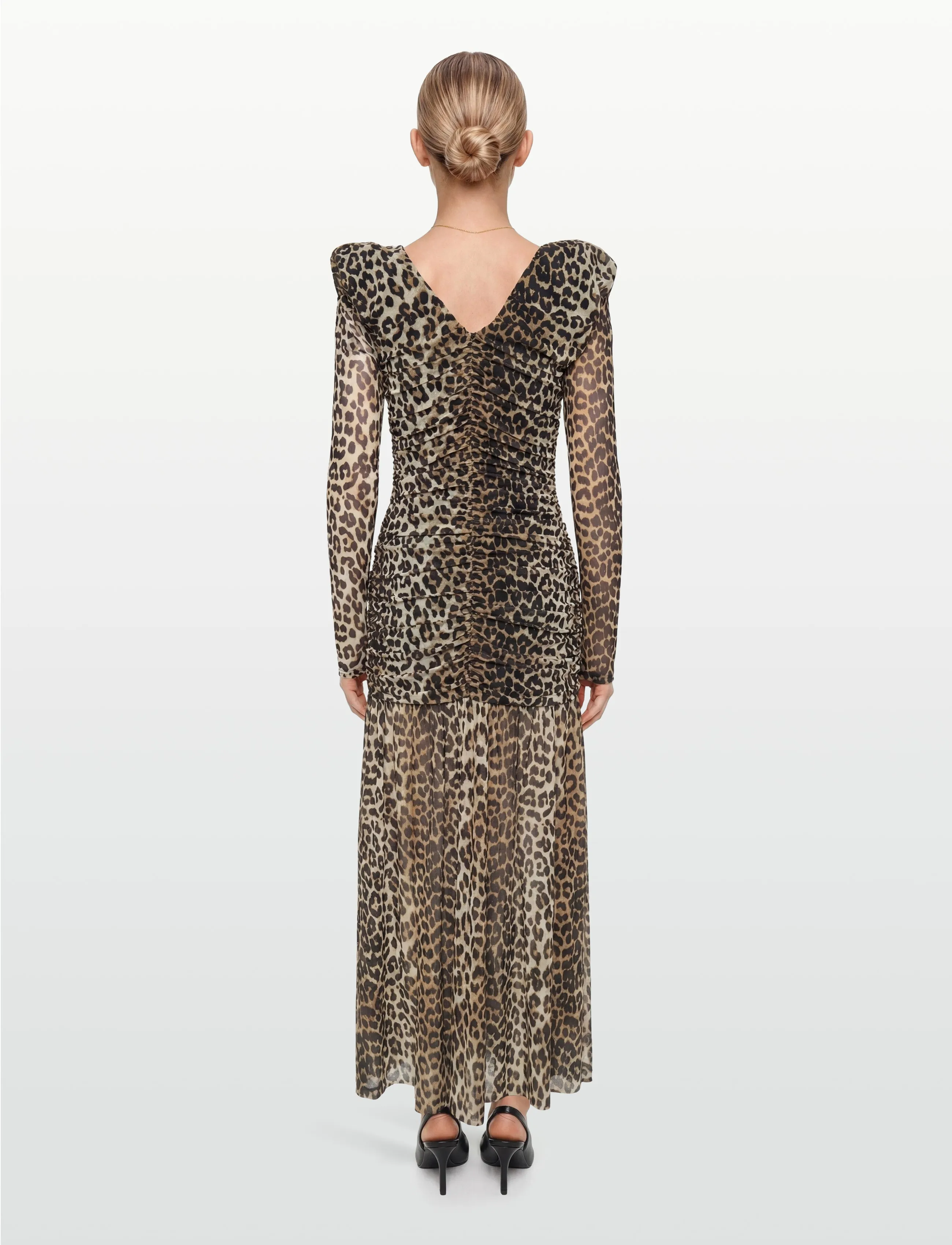 Ganni - Printed Mesh Long Ruched Dress - multicolored - 5