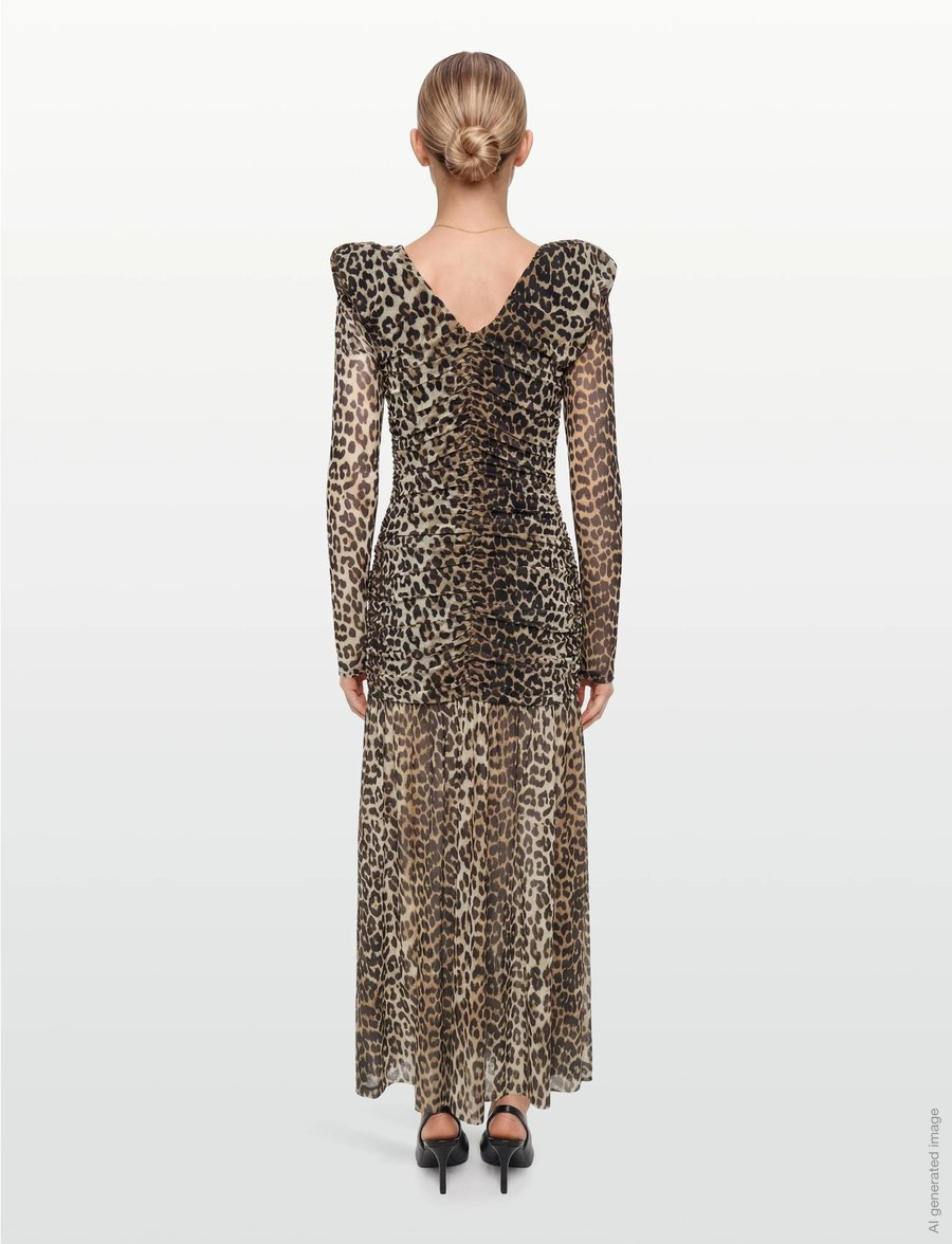 Ganni - Printed Mesh Long Ruched Dress - multicolored - 5