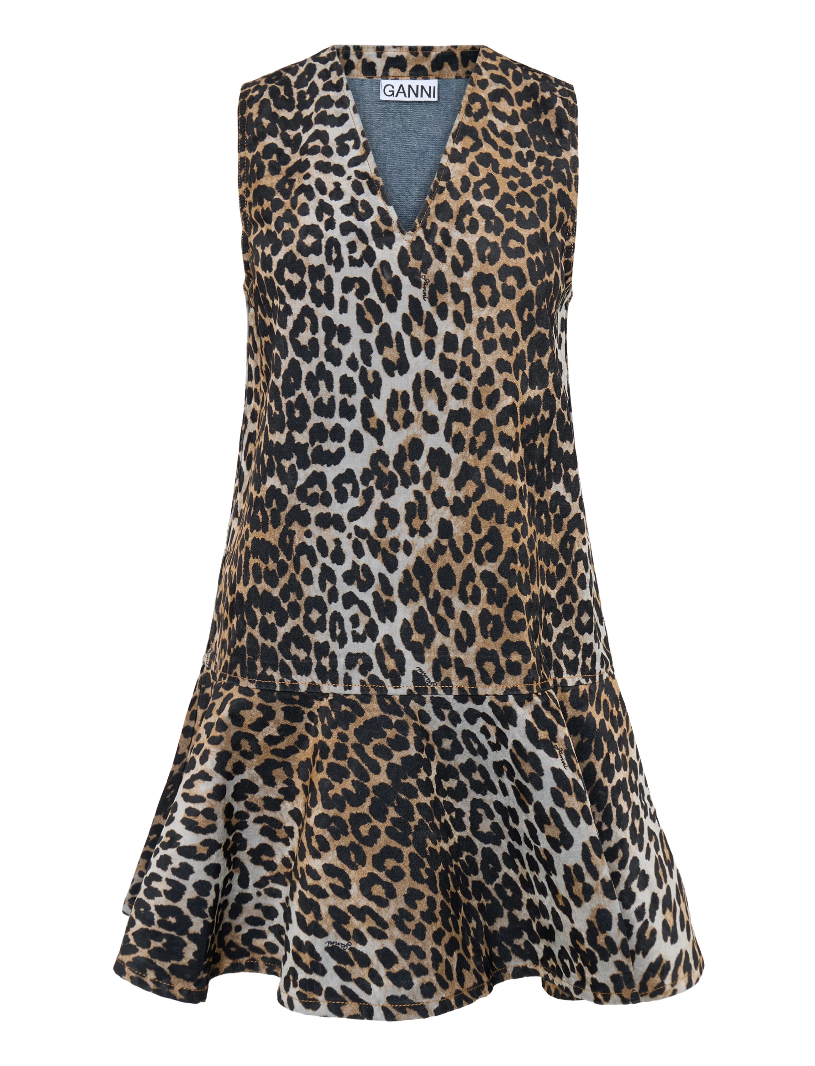 Ganni - Ruffled Leopard Print Flocked Recycled Denim Mini Dress - sommerkjoler - multicolored - 1