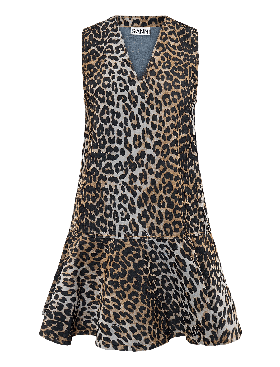 Ganni - Ruffled Leopard Print Flocked Recycled Denim Mini Dress - sommerkjoler - multicolored - 1