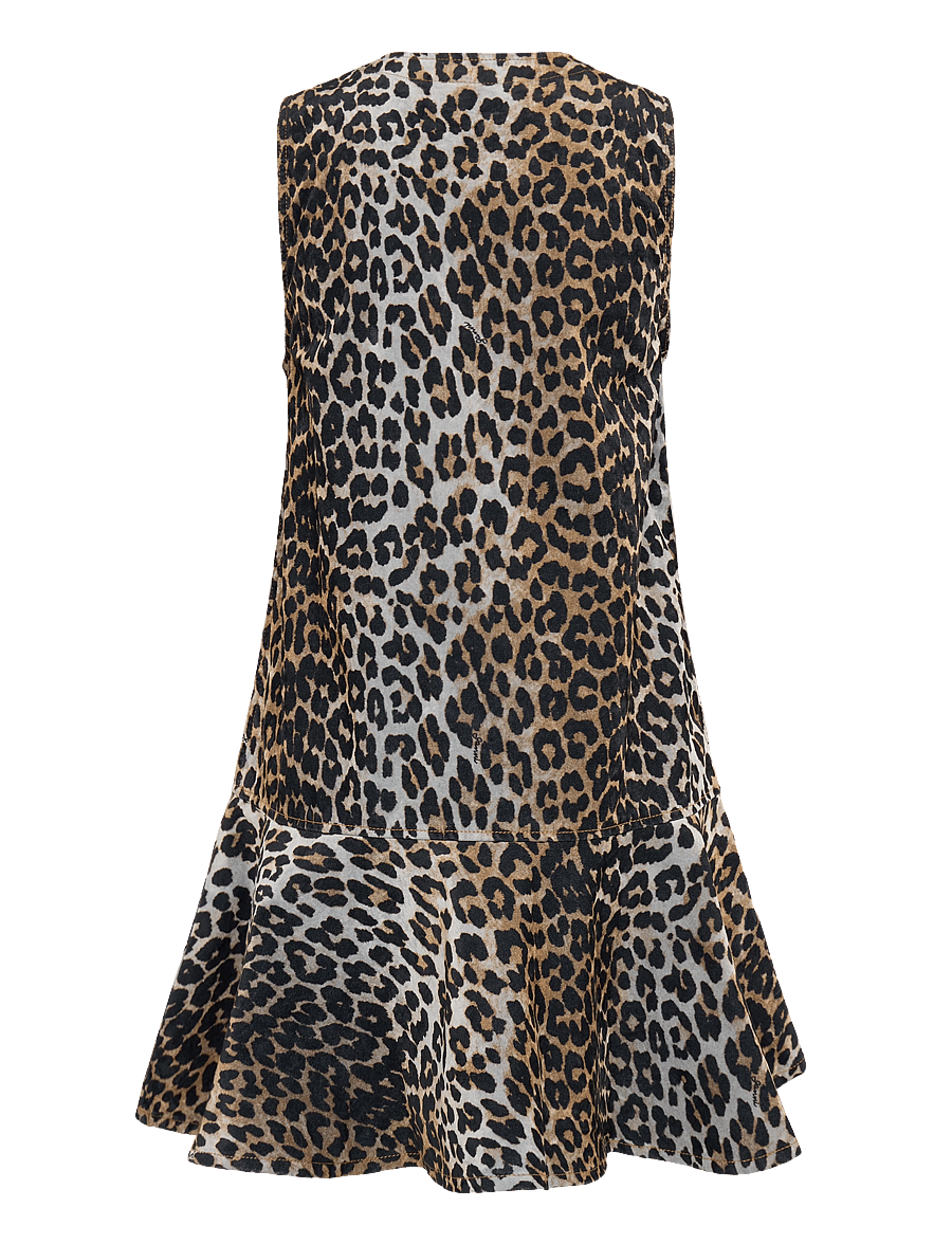Ganni - Ruffled Leopard Print Flocked Recycled Denim Mini Dress - sommerkjoler - multicolored - 2