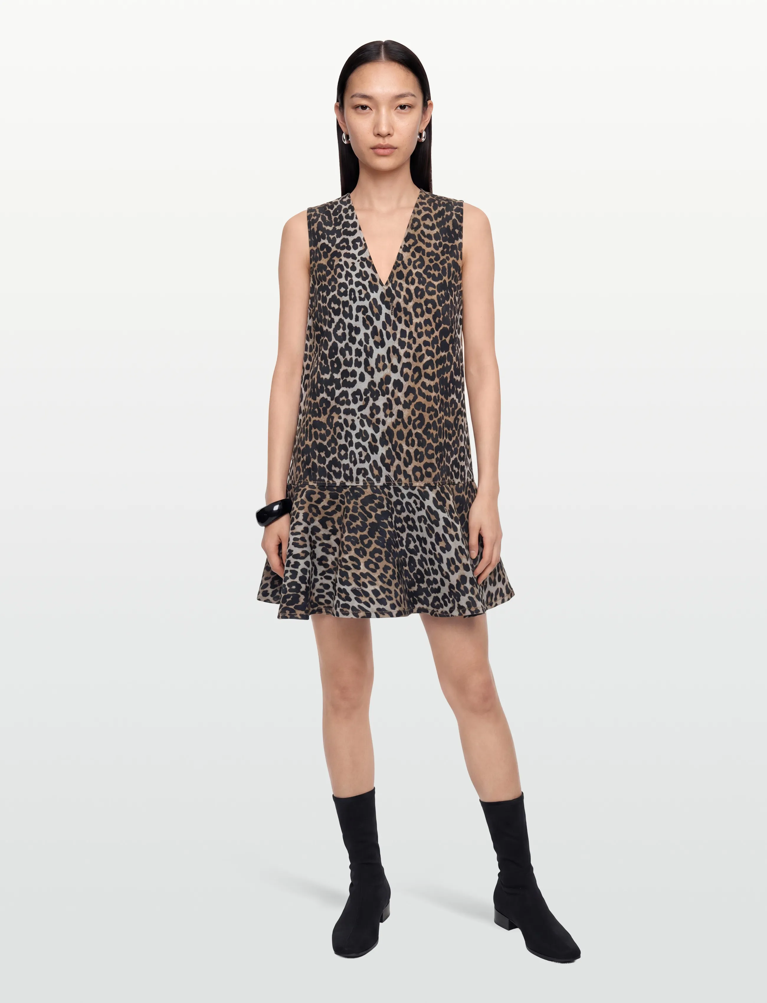 Ganni Ruffled Leopard Print Flocked Recycled Denim Mini Dress, 42, Multi/patterned, Kjoler > Kort Kjole, Dame