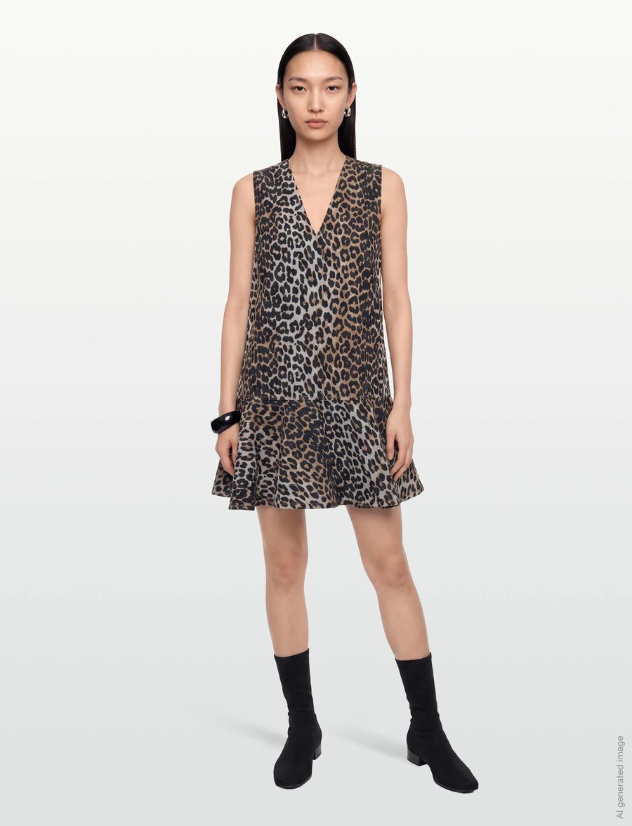 Ganni - Ruffled Leopard Print Flocked Recycled Denim Mini Dress - sommerkjoler - multicolored - 0