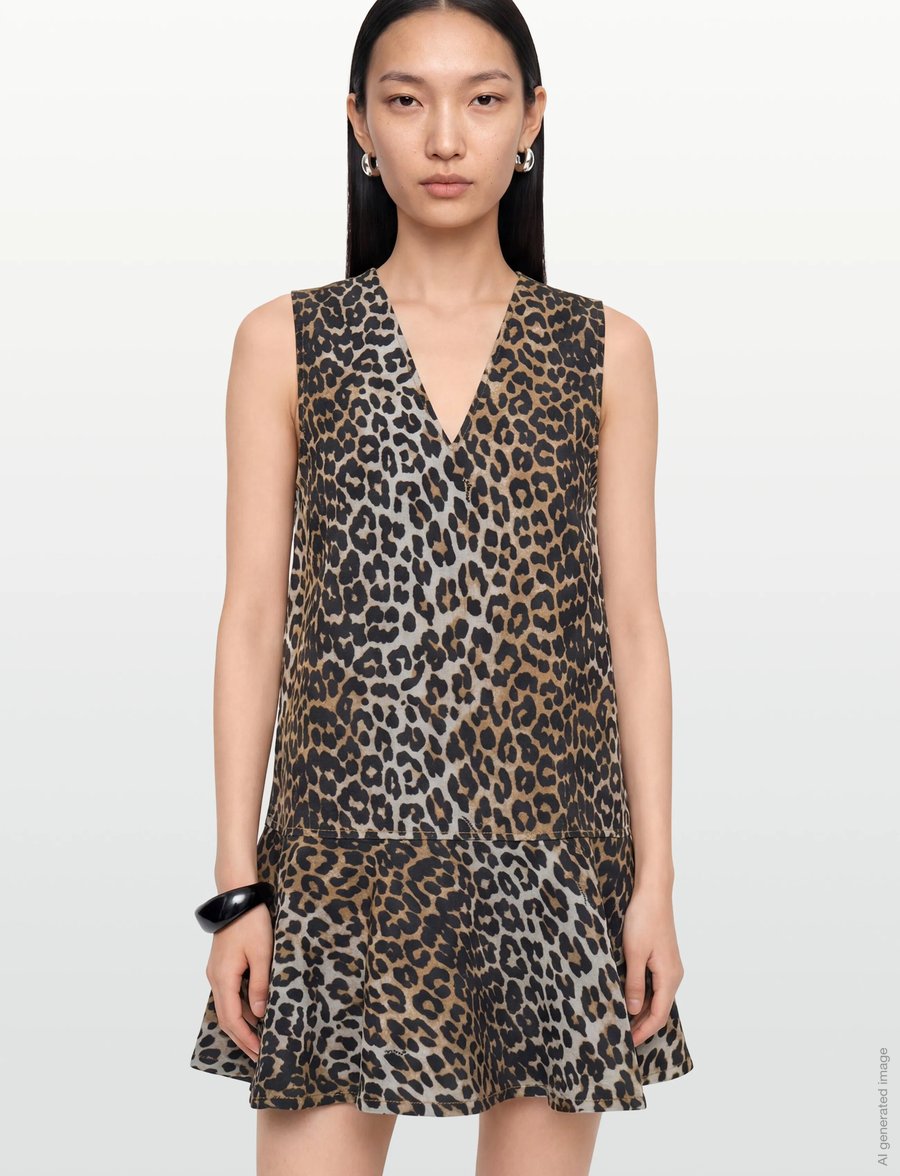 Ganni - Ruffled Leopard Print Flocked Recycled Denim Mini Dress - sommerkjoler - multicolored - 4