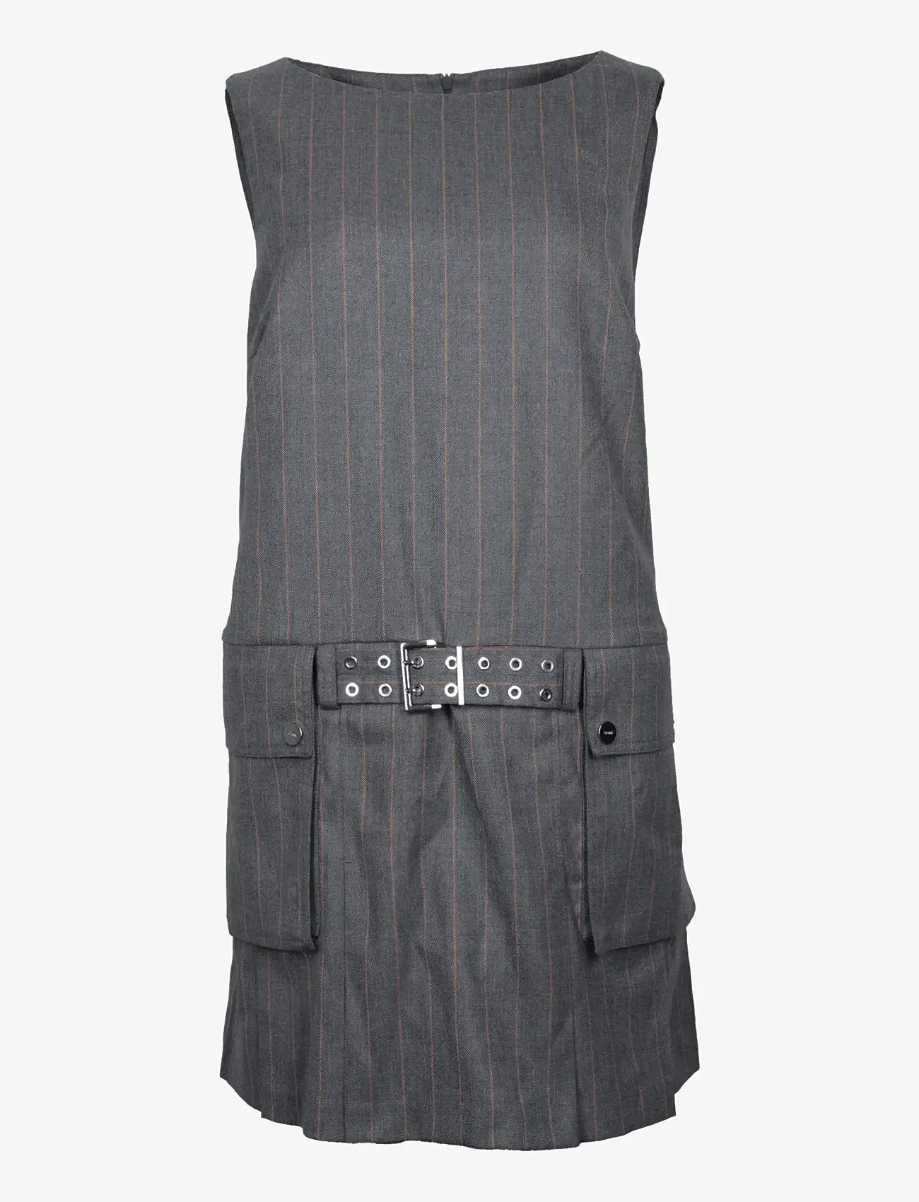 Ganni - Wool Stripe Belted Mini Dress - minikleidid - grey - 0