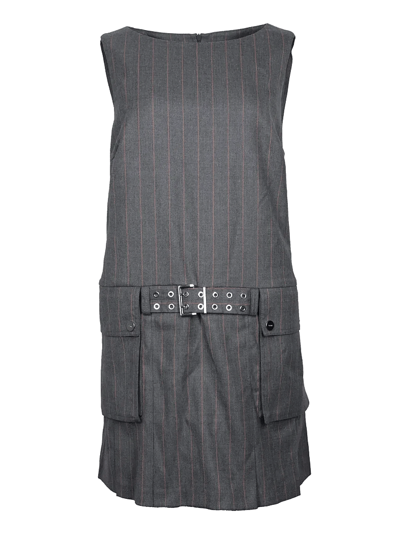 Ganni - Wool Stripe Belted Mini Dress - minikleidid - grey - 0