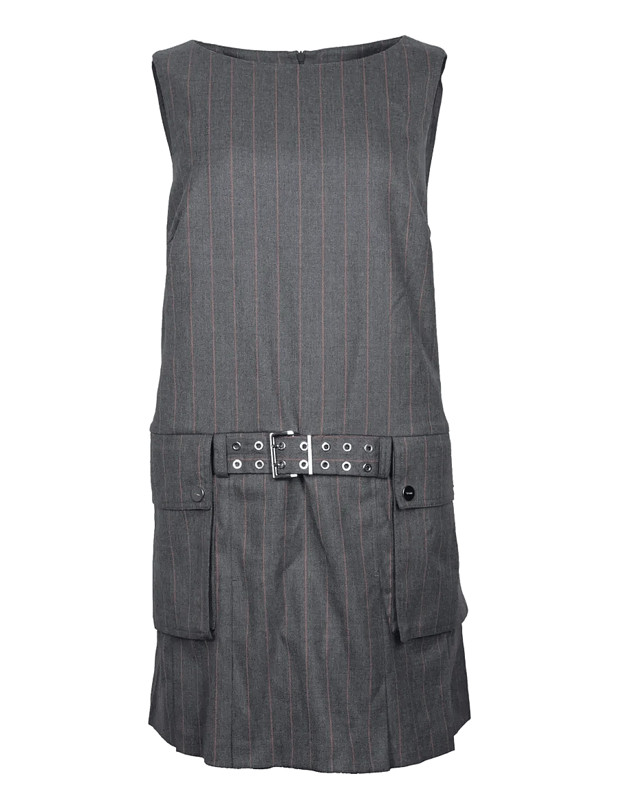 Ganni - Wool Stripe Belted Mini Dress - short dresses - grey - 0