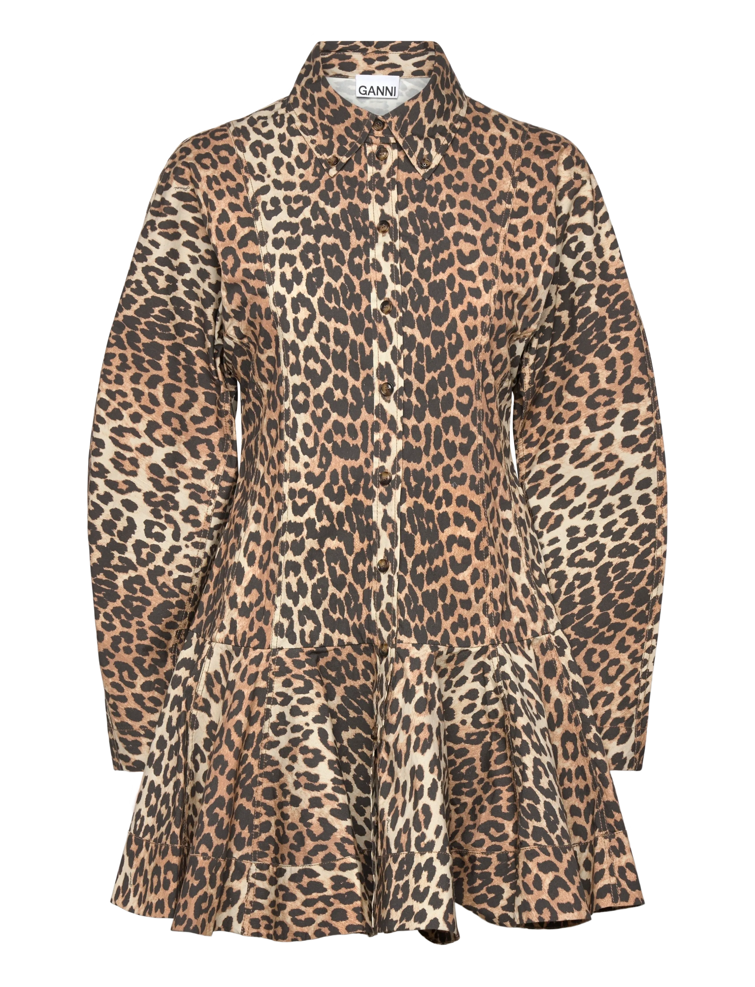 Ganni - Printed Stretch Cotton Mini Shirt Dress - robes chemises - beige - 1