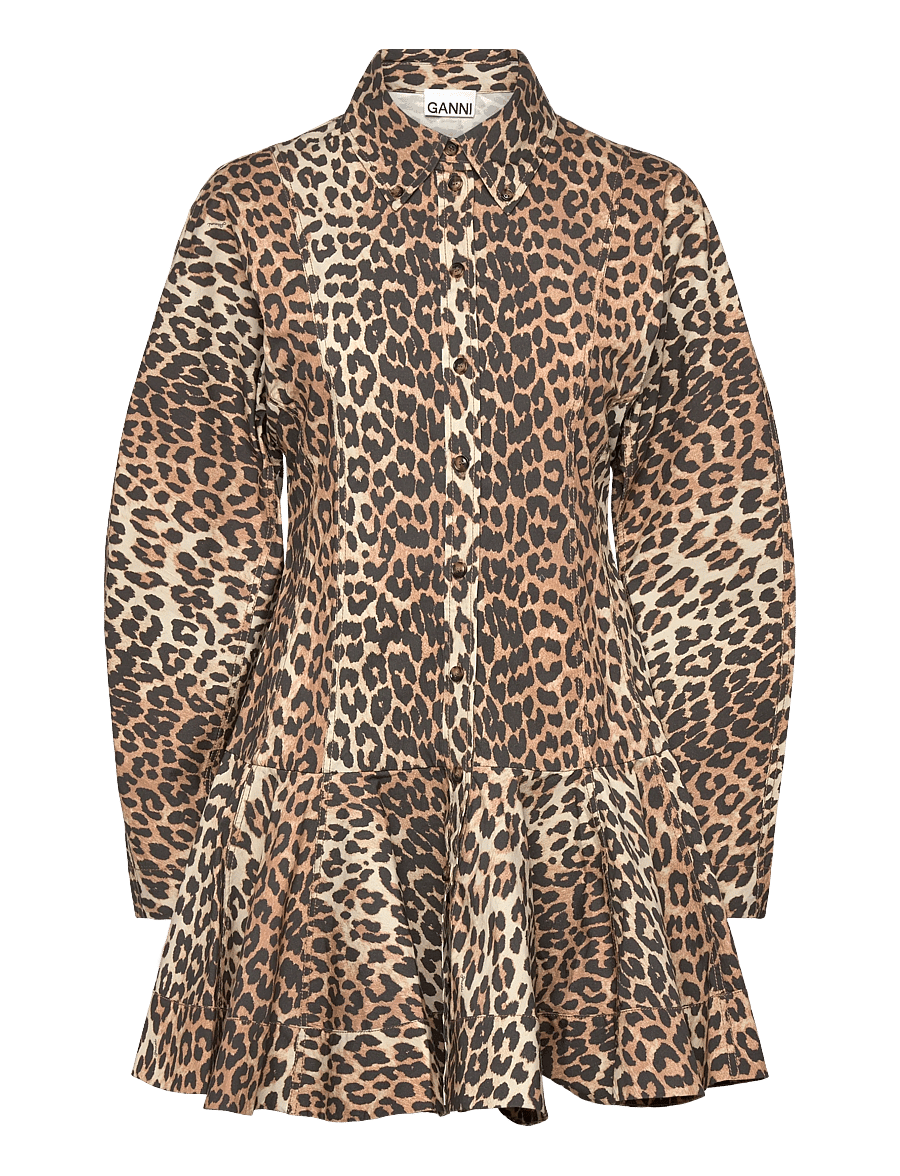 Ganni - Printed Stretch Cotton Mini Shirt Dress - hemdkleider - beige - 1
