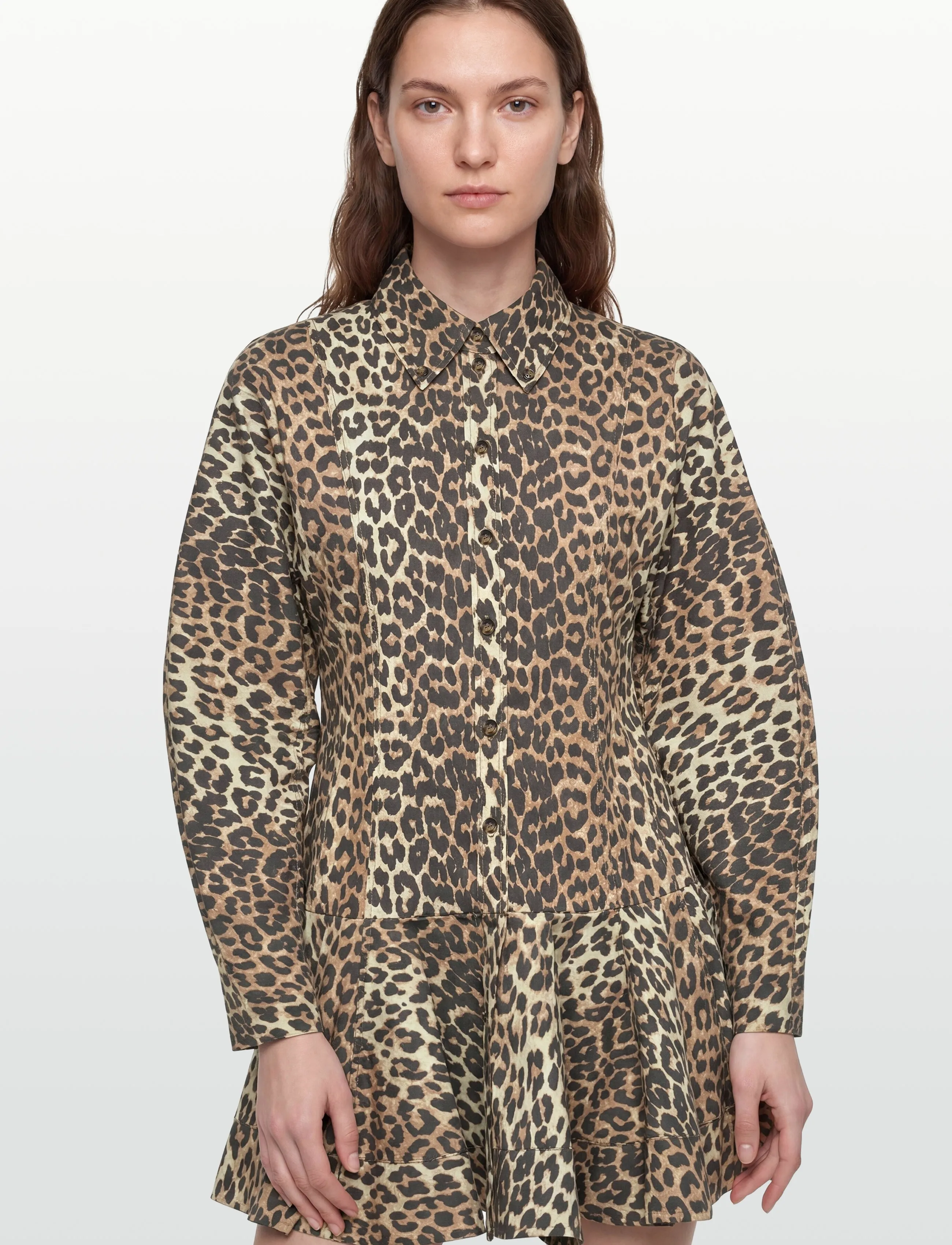 Ganni - Printed Stretch Cotton Mini Shirt Dress - robes chemises - beige - 3