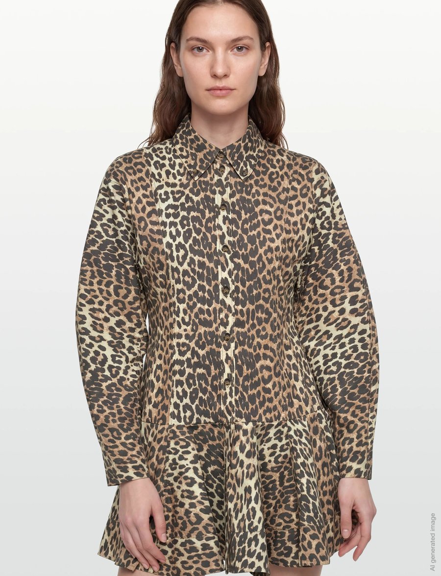 ganni printed cotton mini shirt dress Ganni Printed Cotton Poplin Gathered Panel Wide Mini Shirt Dress