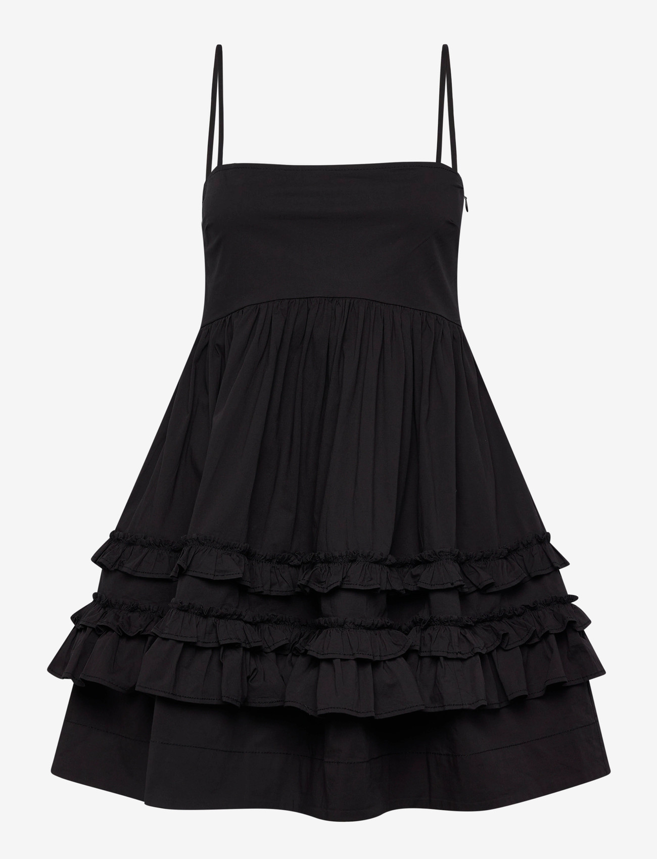 Ganni - Stretch Cotton Mini Strap Dress w. Frills - black - 0
