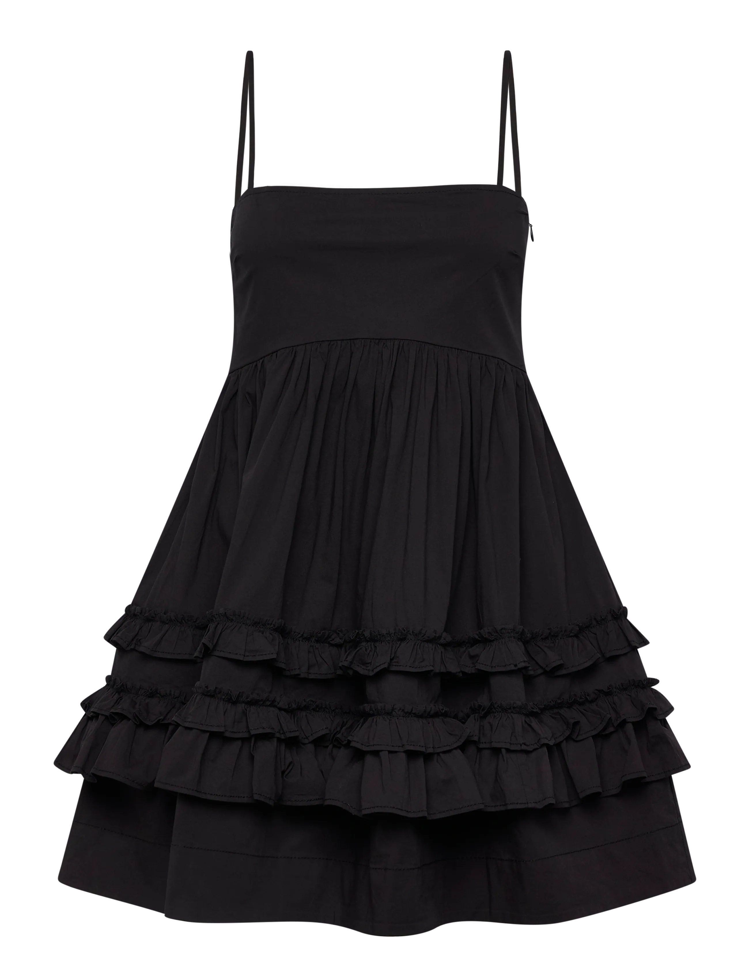Ganni Stretch Cotton Mini Strap Dress w. Frills - Vêtements - BLACK / black