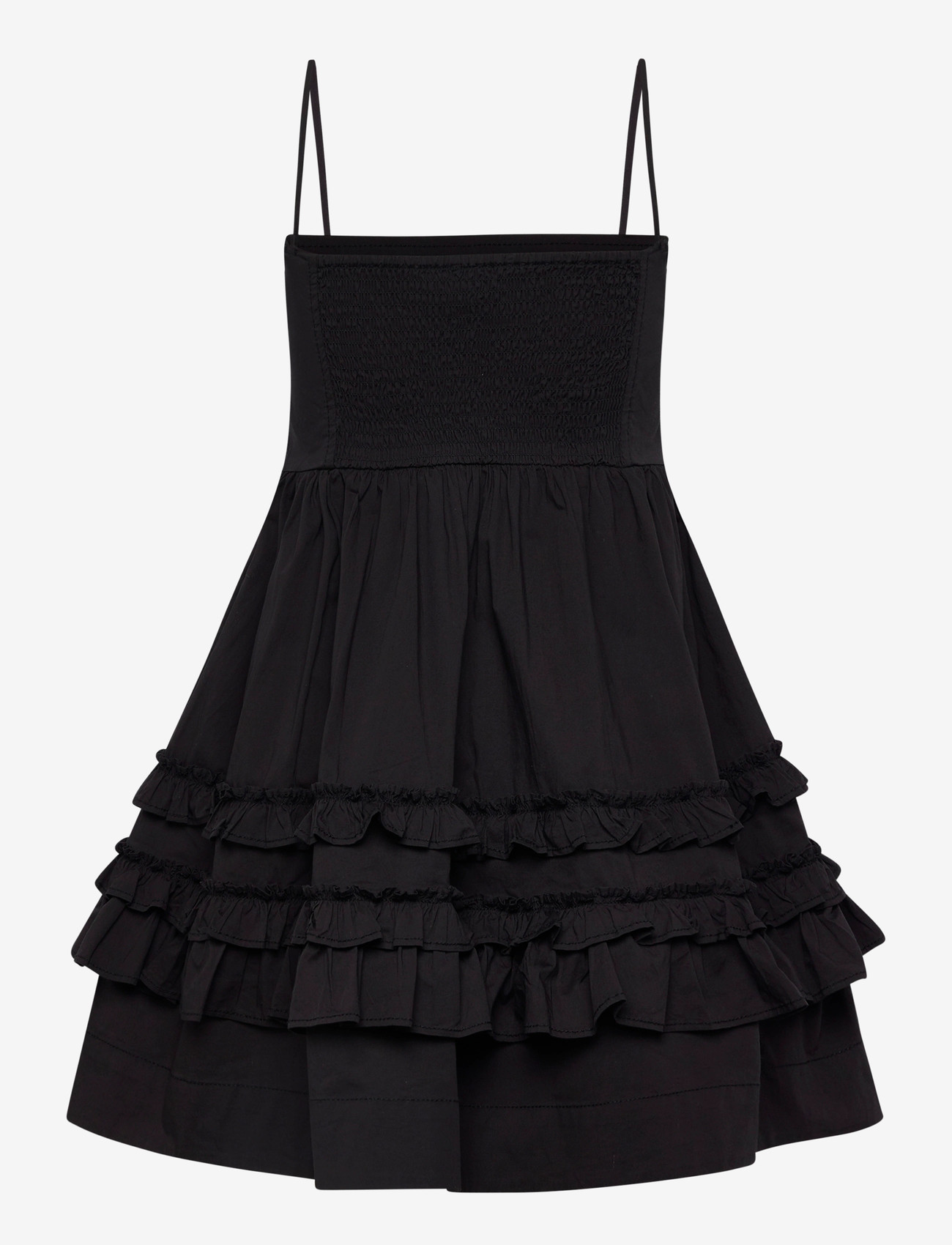 Ganni - Stretch Cotton Mini Strap Dress w. Frills - black - 1