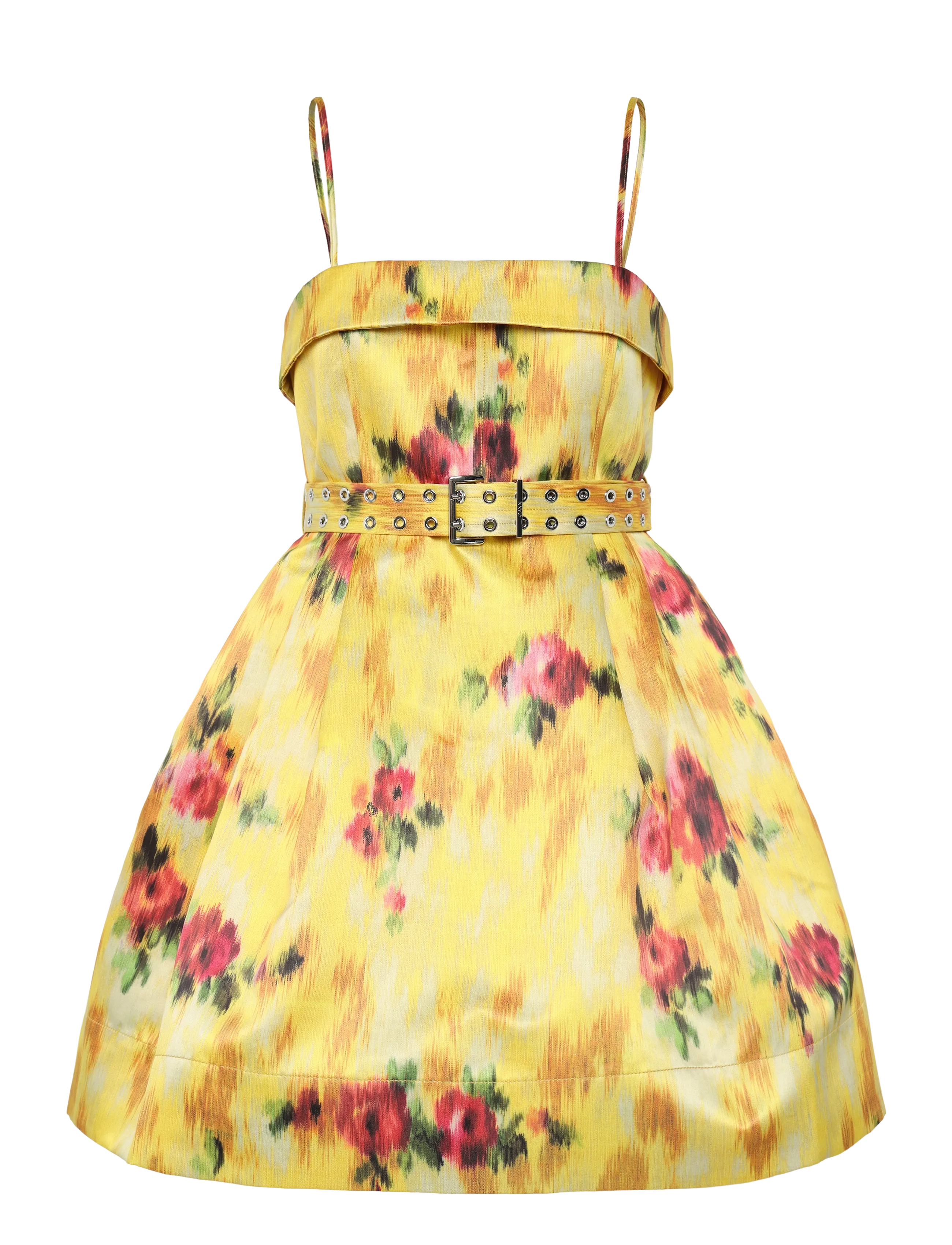 Ganni Floral Print Duchesse Satin Belted Mini Dress, 42, Dresses, Gelb - Short Frauen