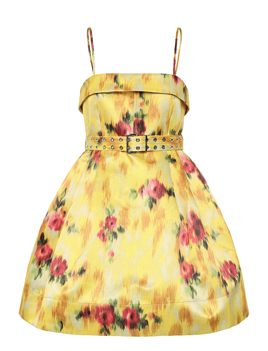 Ganni - Floral Print Duchesse Satin Belted Mini Dress - sommerkleider - multicolored - 0